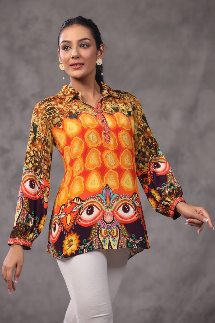 Orange Tribal Digital Printed Spanish Crepe Top