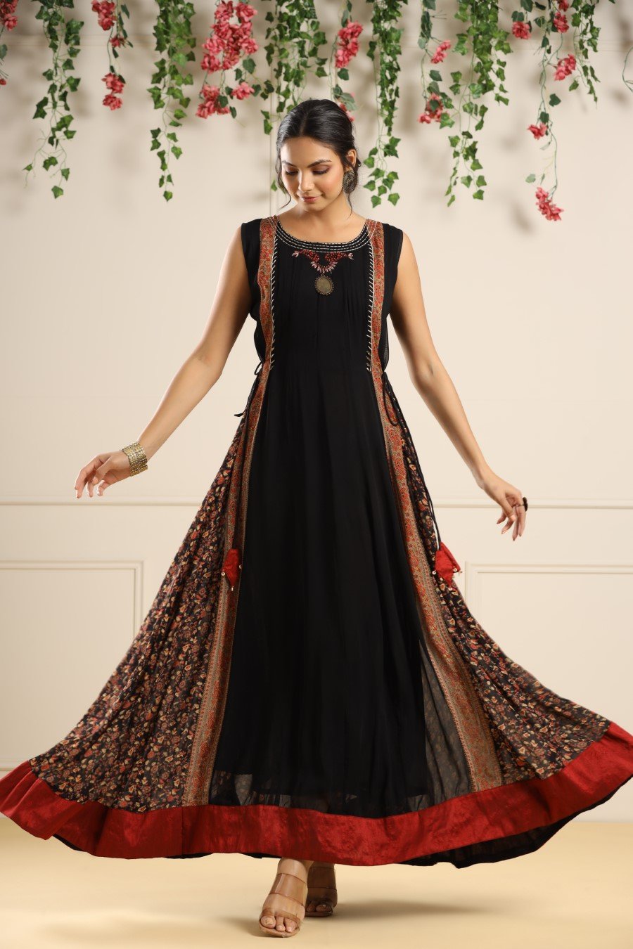 Black Printed Georgette Silk Long Dress