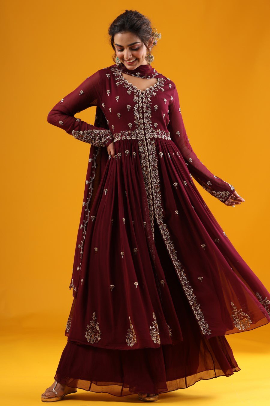 Wine Hand Embroidered Kurta &amp; Palazzo With Dupatta