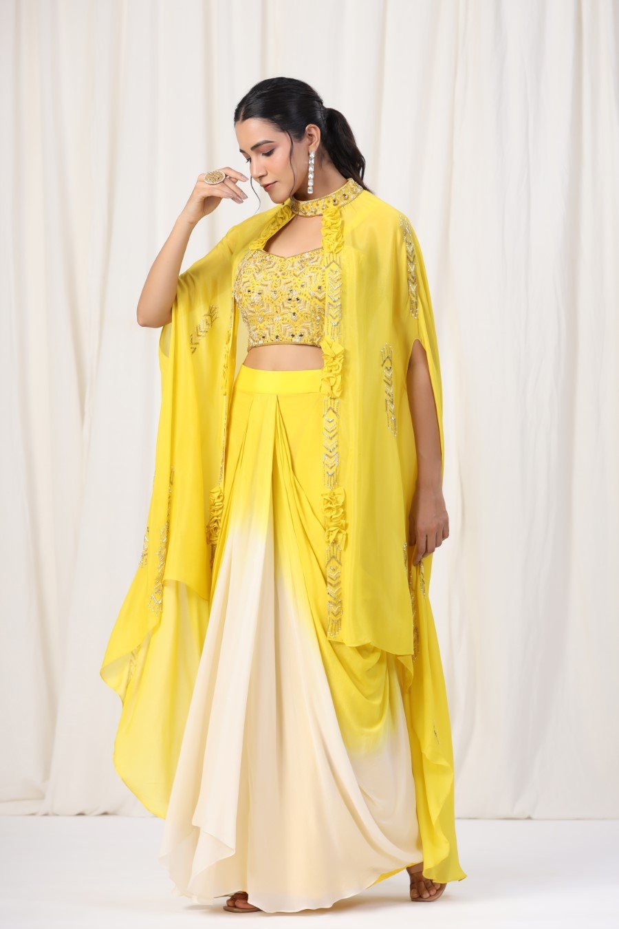 Yellow Embellished Spanish Silk Skirt Top with Cape