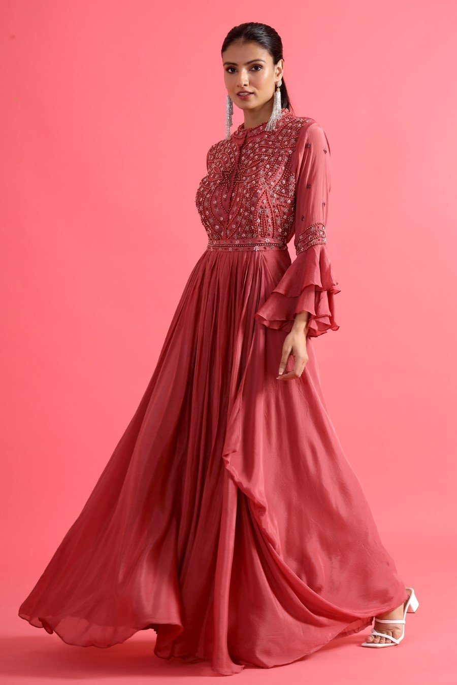 Mulberry Pink Embellished Chinon Silk Gown