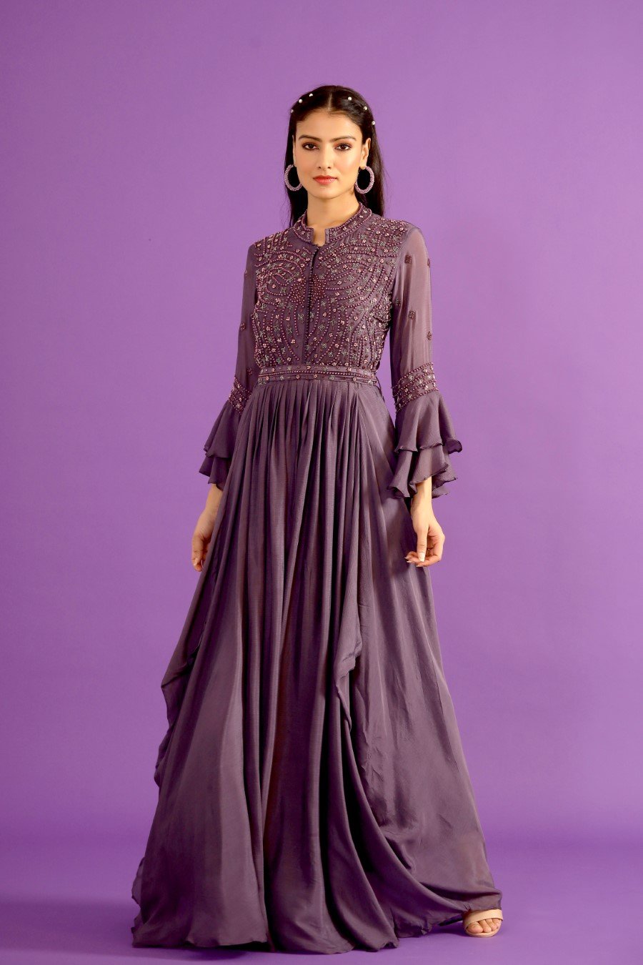 Dusky Purple Embellished Chinon Silk Gown