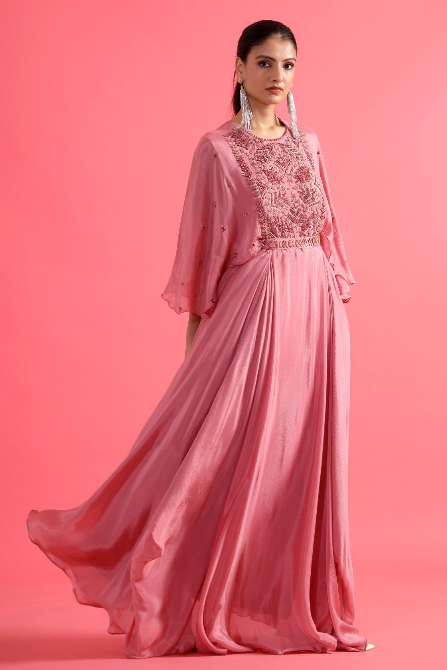 Chic Pink Embellished Chinon Silk Gown with Belt