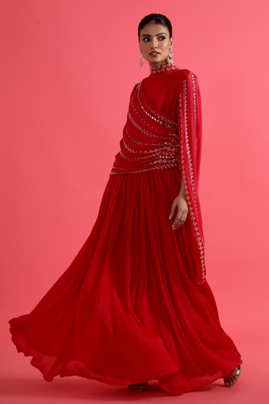 Reddish Pink Embellished &amp; Draped Chinon Silk Gown