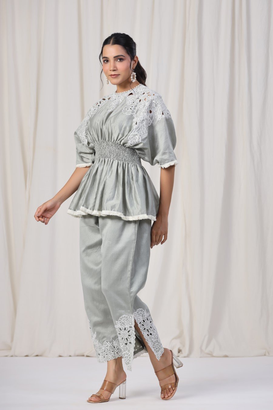 Powder Grey Embroidered Lotus Silk Co-ord Set