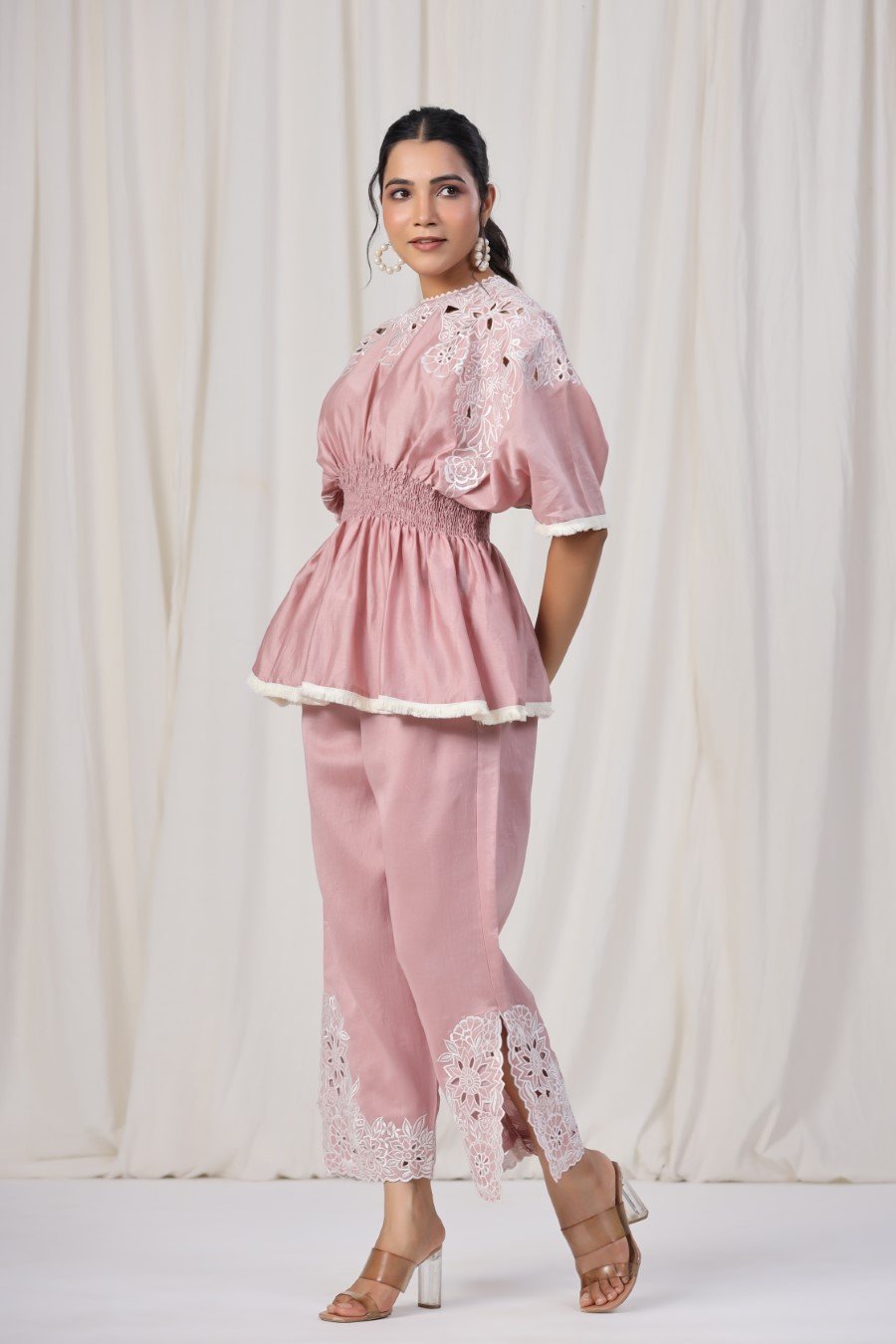 Powder Pink Embroidered Lotus Silk Co-ord Set