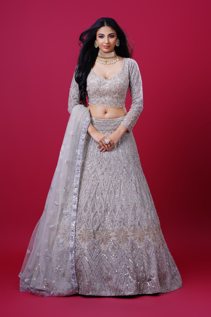 Silver Floral Embellished Lehenga Set