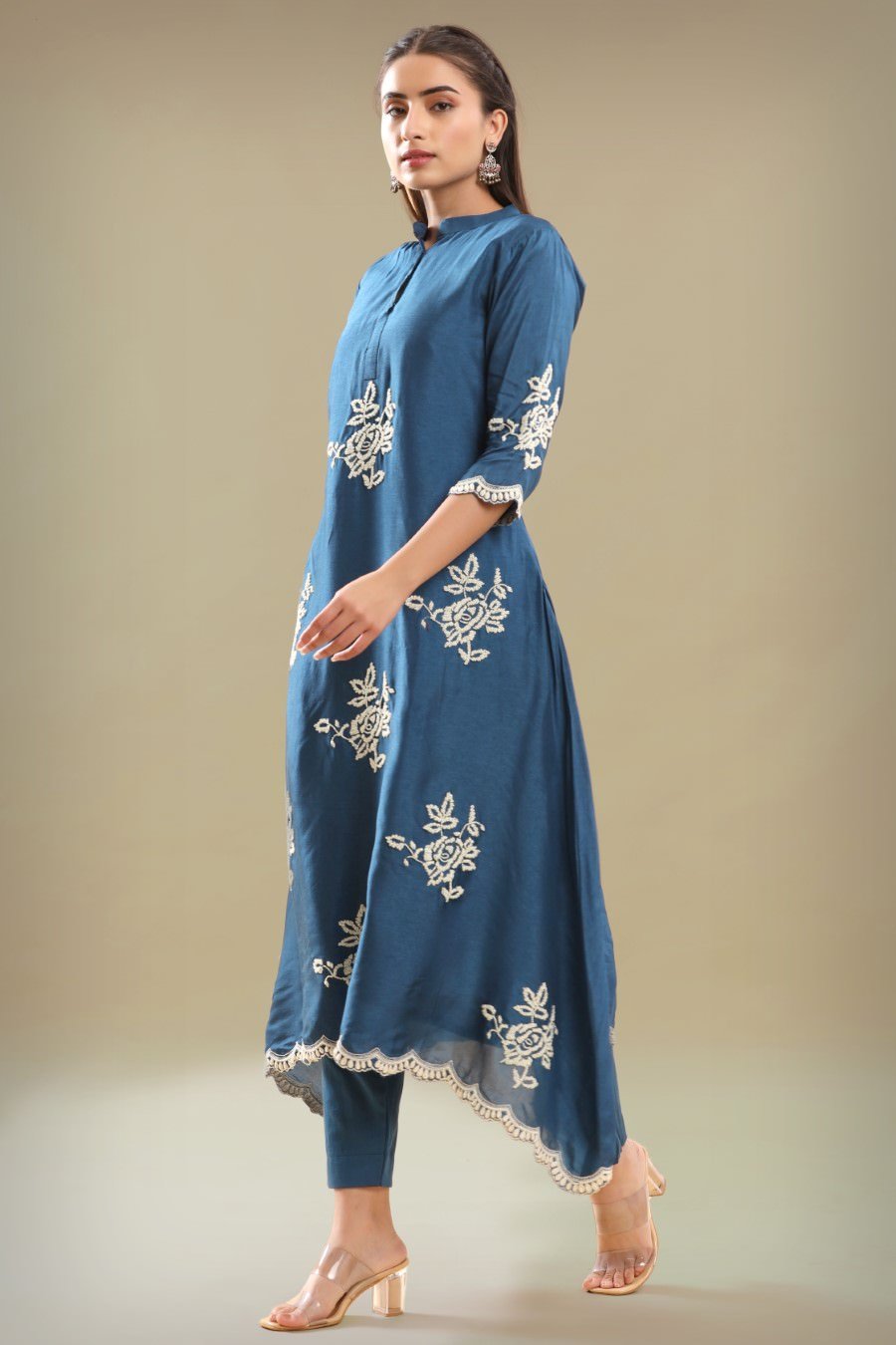 Dark Blue Embroidered A-line Kurta With Pant