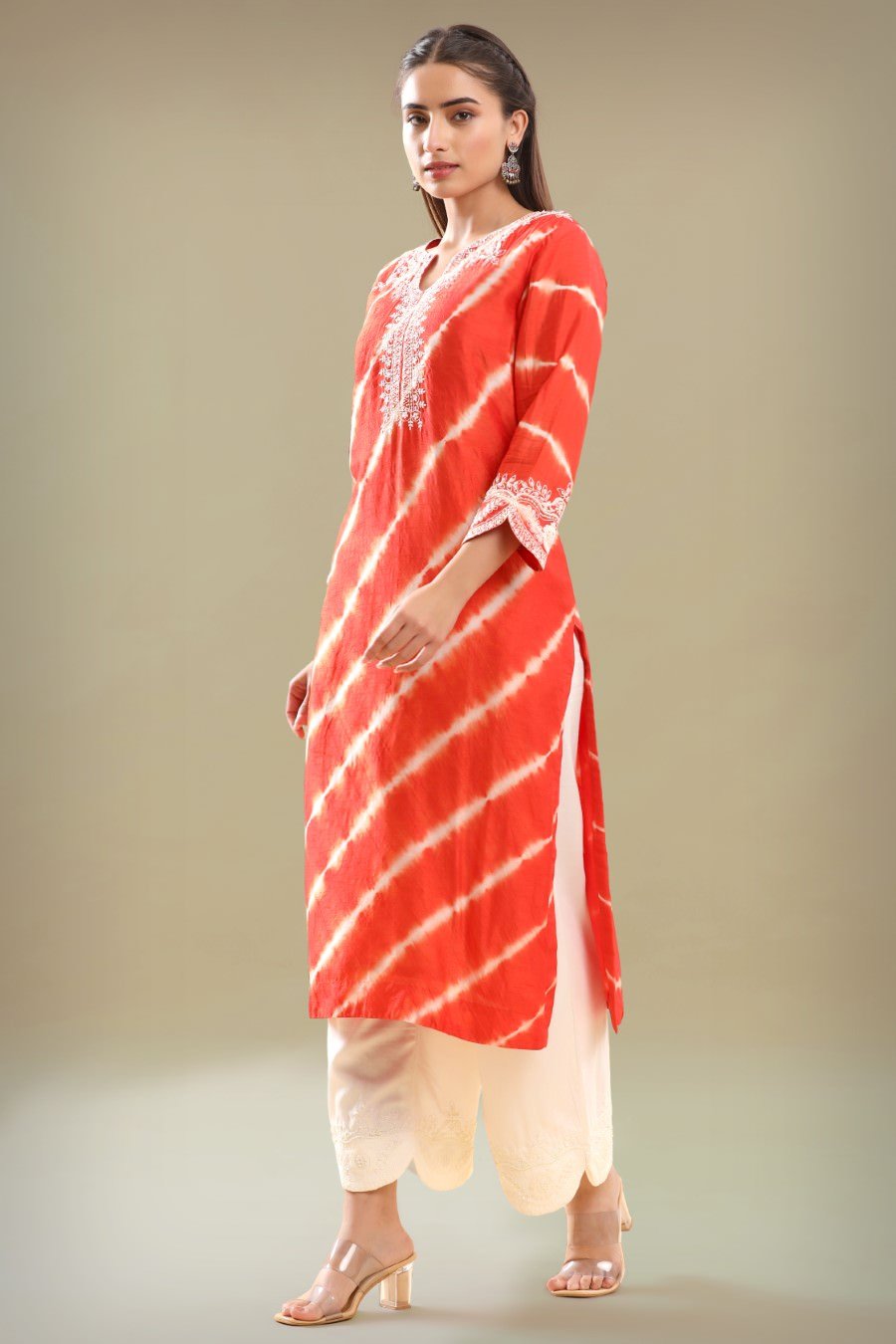 Orange Leheriya Embroidered Kurta And Palazzo Set