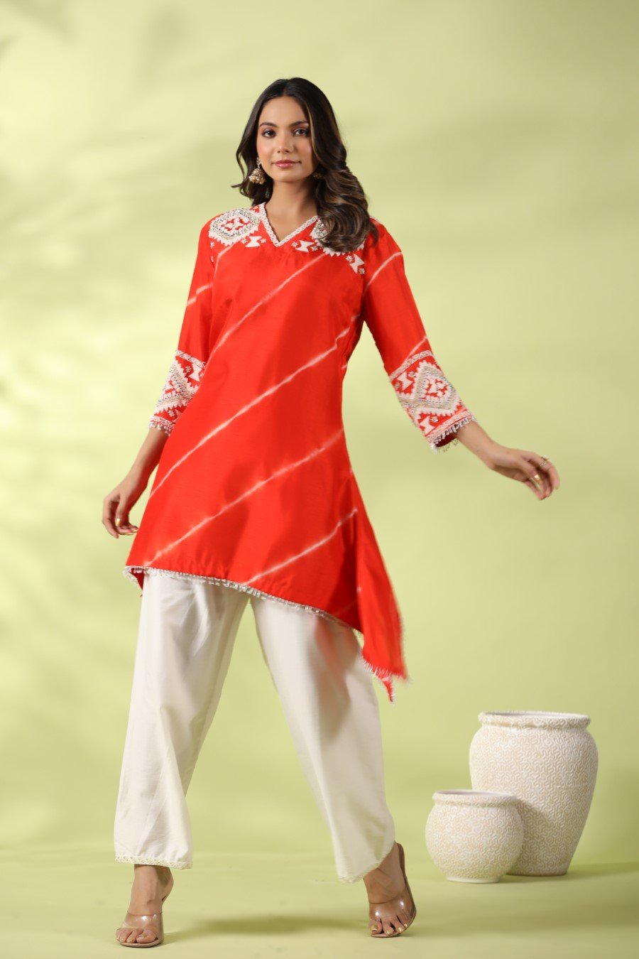 Orange Tie-dyed &amp; Embroidered Asymmetrical Kurta with Palazzo