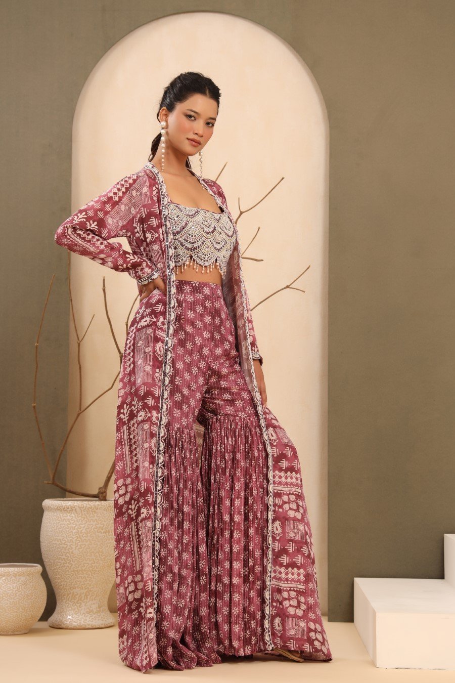 Mulberry Pink Embellished Sharara with Cape