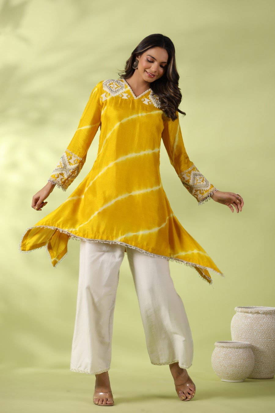 Yellow Tie-dyed &amp; Embroidered Asymmetrical Kurta with Palazzo