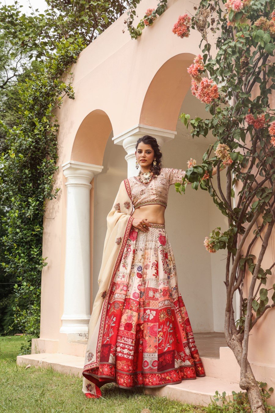 Cream & Red Ethnic Printed Lehenga Set