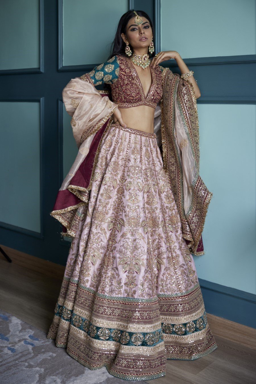 Pastel Pink Brocade Embroidered Lehenga