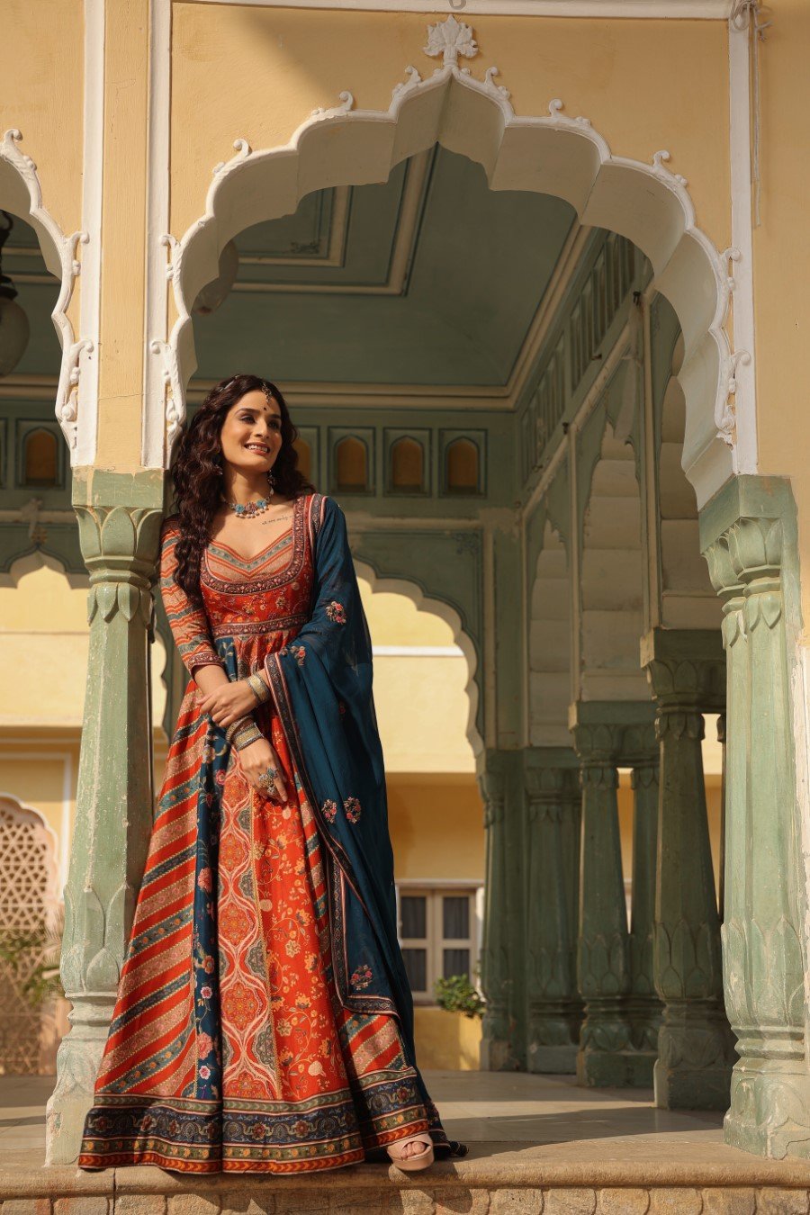 Red Mughal Printed Anarkali with Dupatta