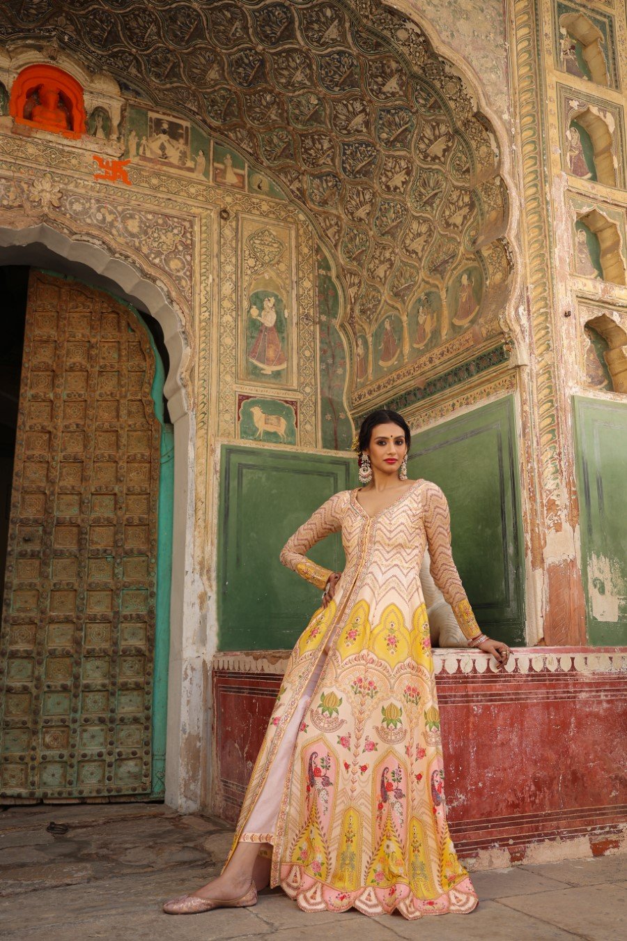 Peach Mughal Printed Chanderi Anarkali with Pants