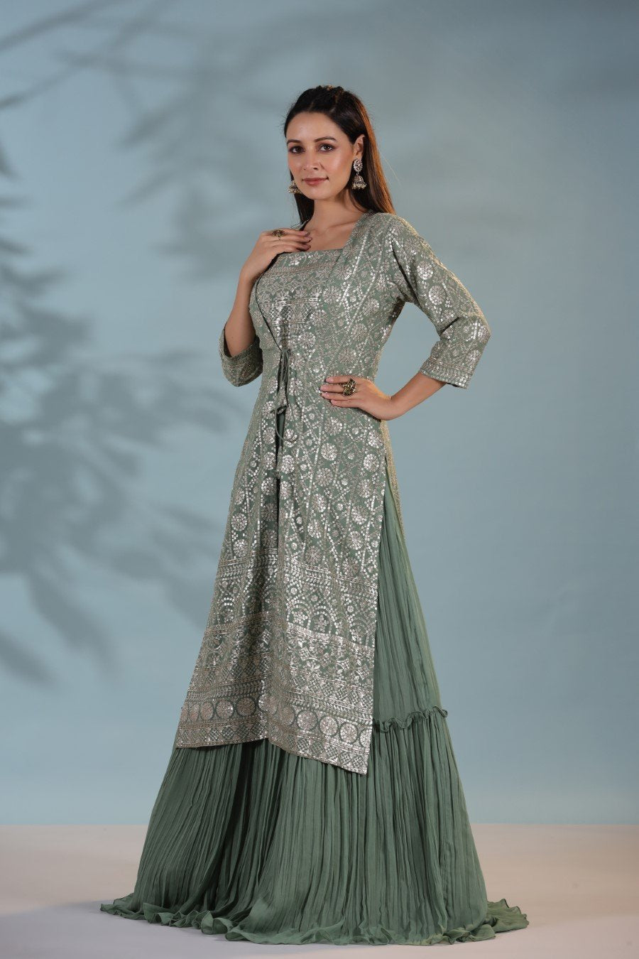 Dusky Green Sequin Embellished Gown with Cape