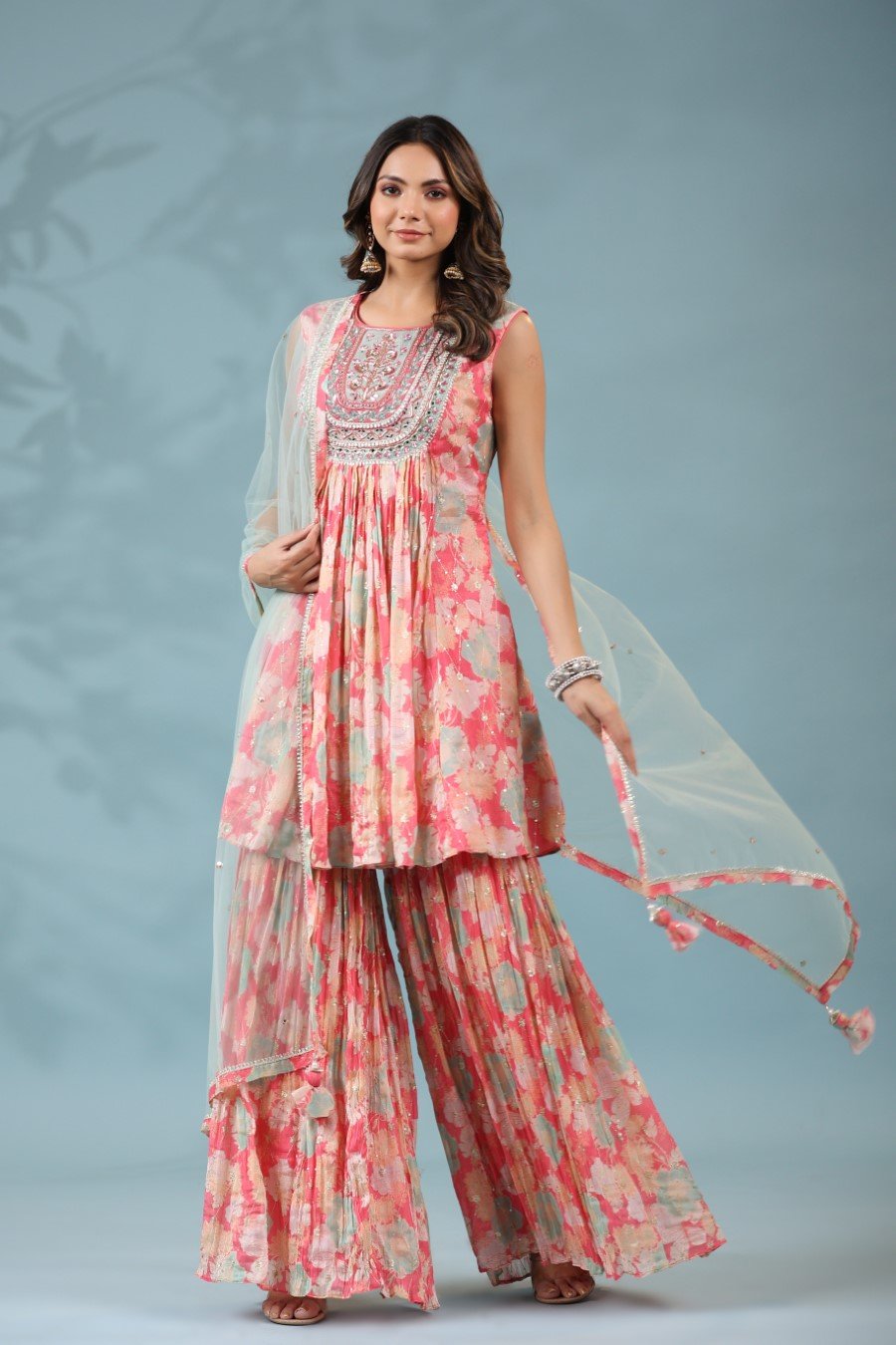 Pink Floral Embellished Sharara Set