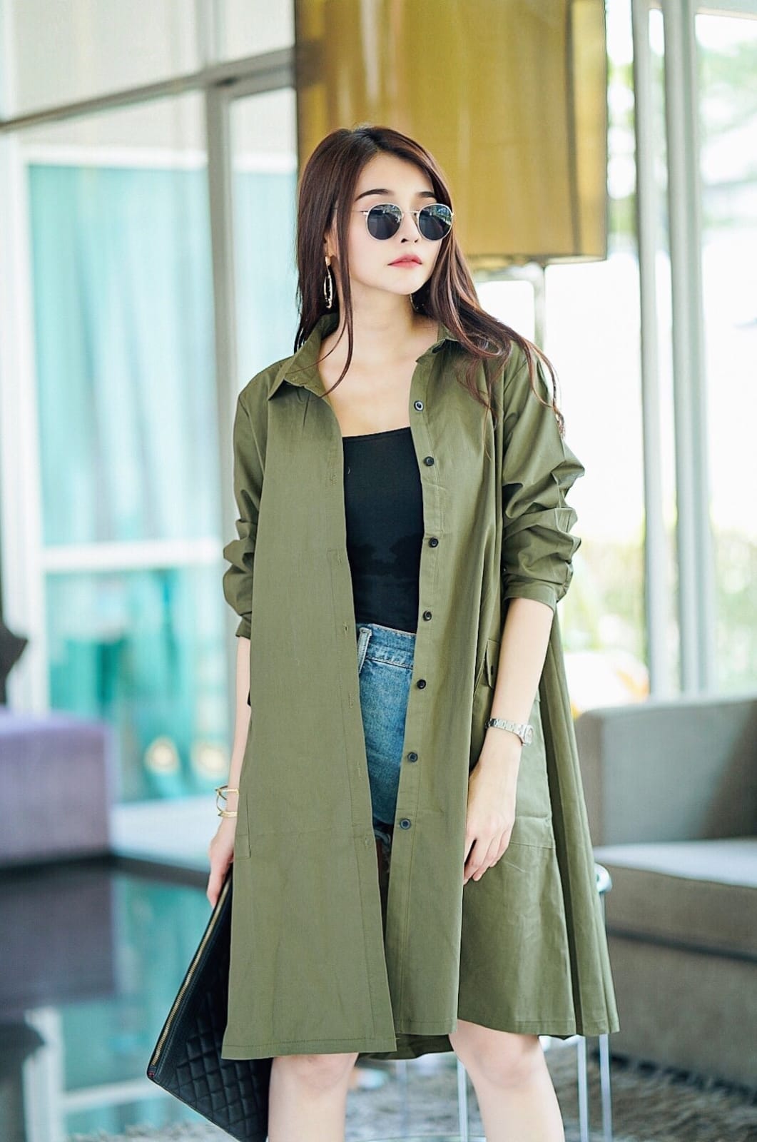 Olive Green Lace-Up Back Cotton Shirt Dress