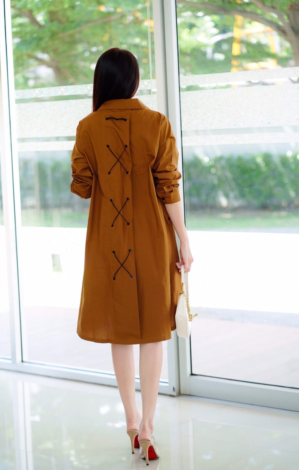 Brown Lace-Up Back Cotton Shirt Dress