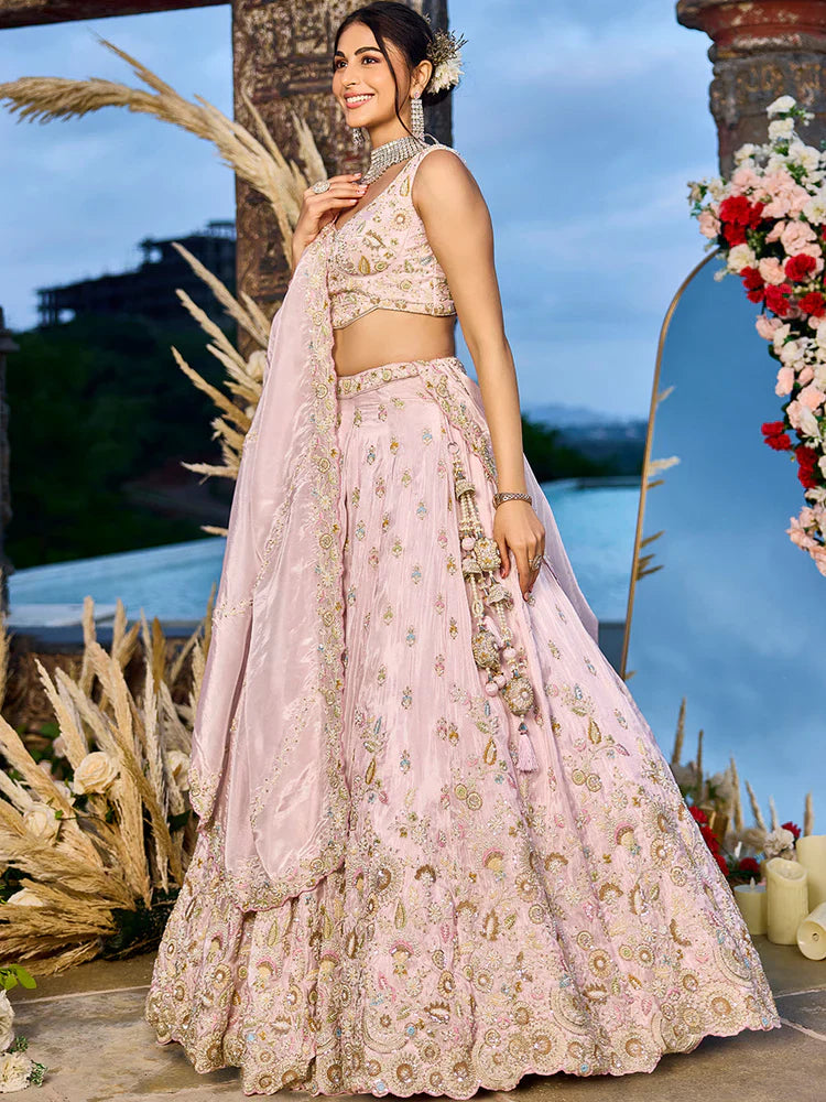 Baby Pink Embellished Tissue Silk Lehenga Set