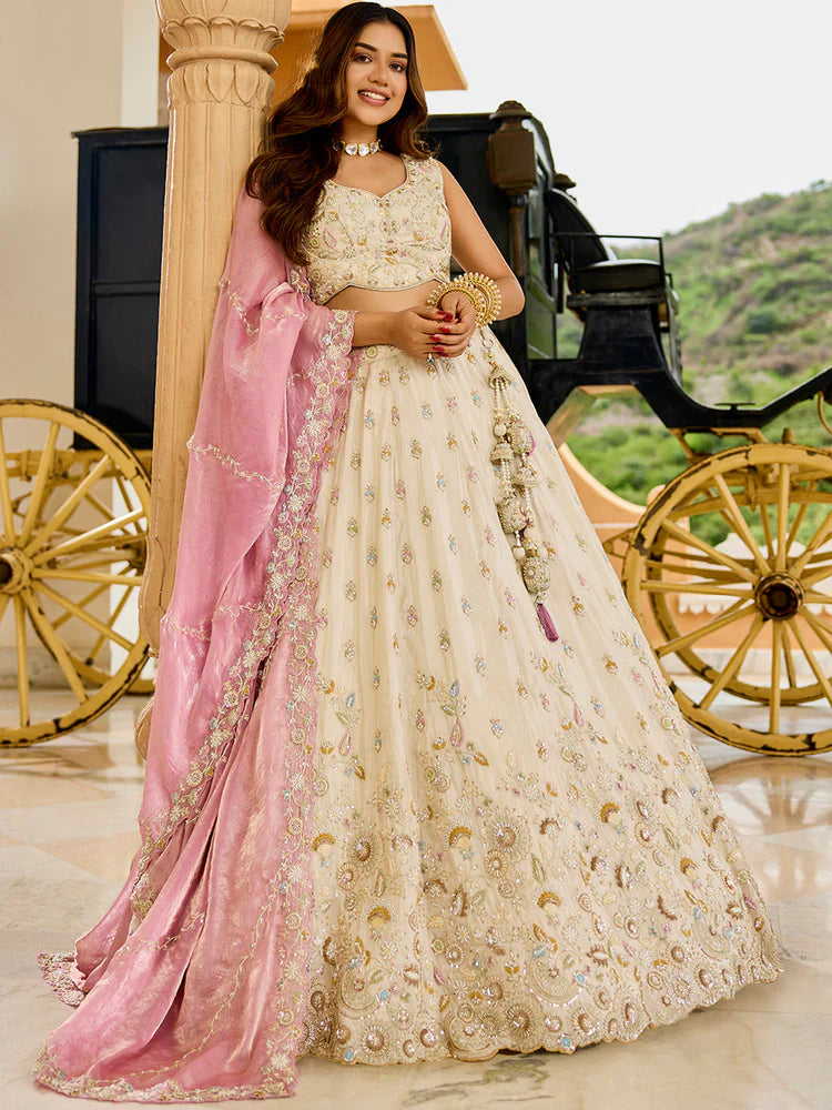 Cream and Pink Embellished Tissue Silk Lehenga Set