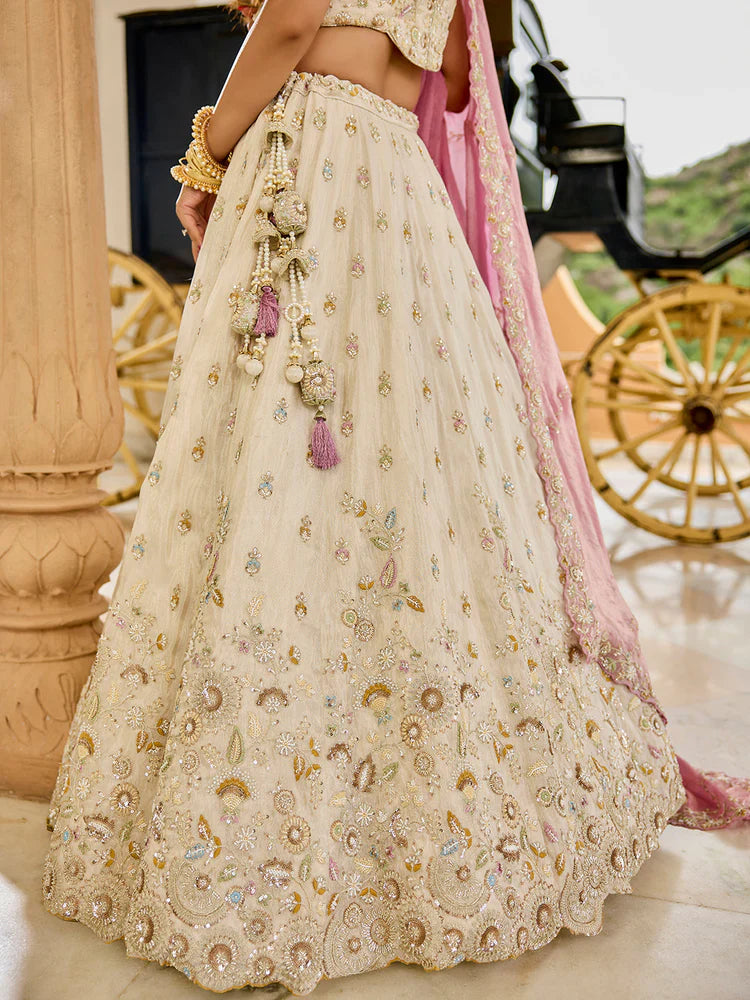 Cream and Pink Embellished Tissue Silk Lehenga Set