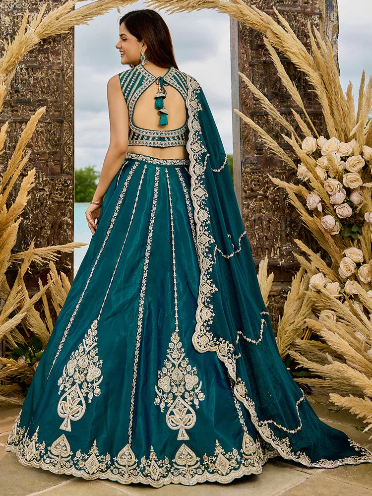 Dark Teal Embellished Premium Silk Lehenga Set
