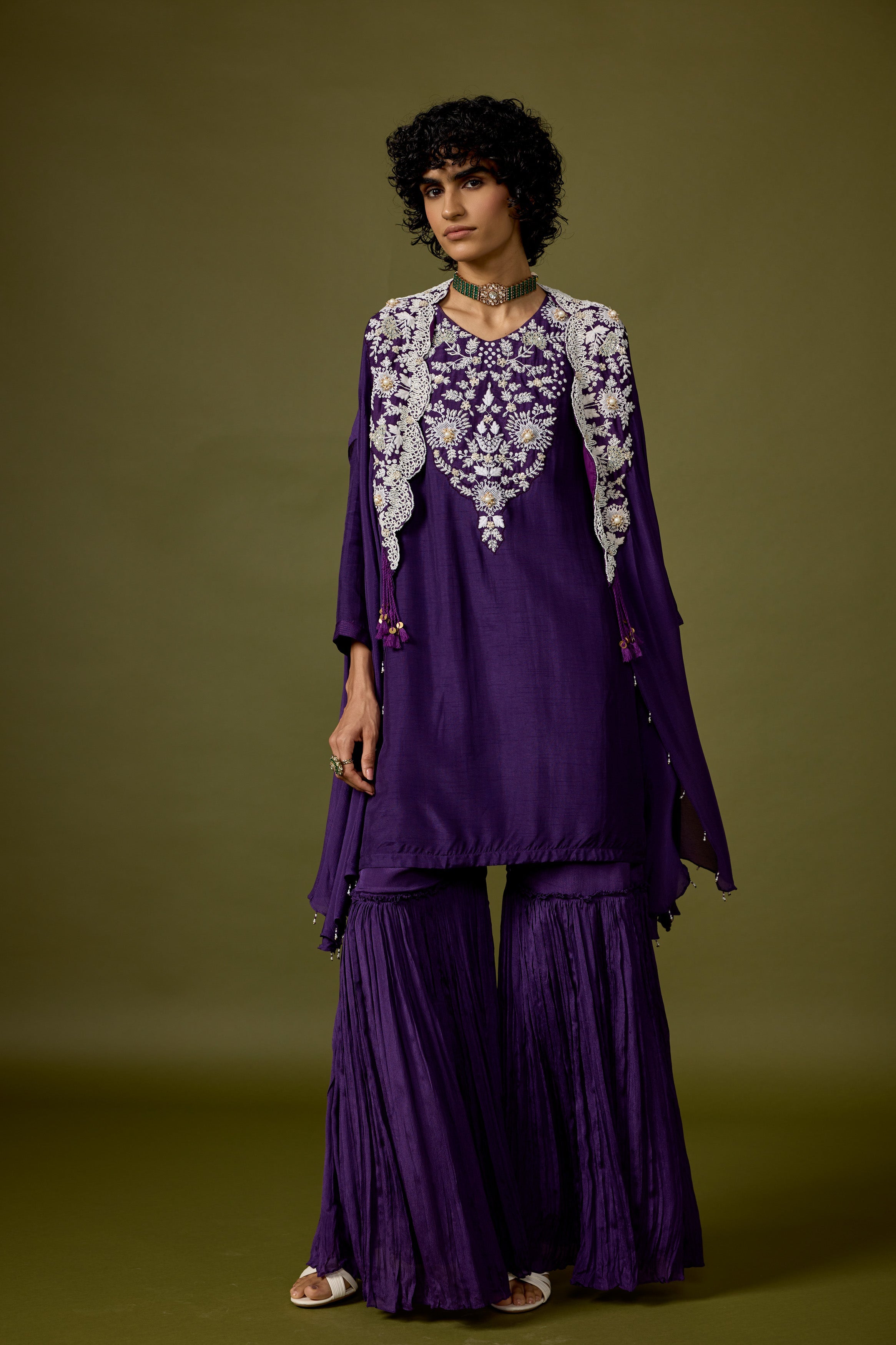 Deep Violet Embellished Chinon Silk Sharara Set