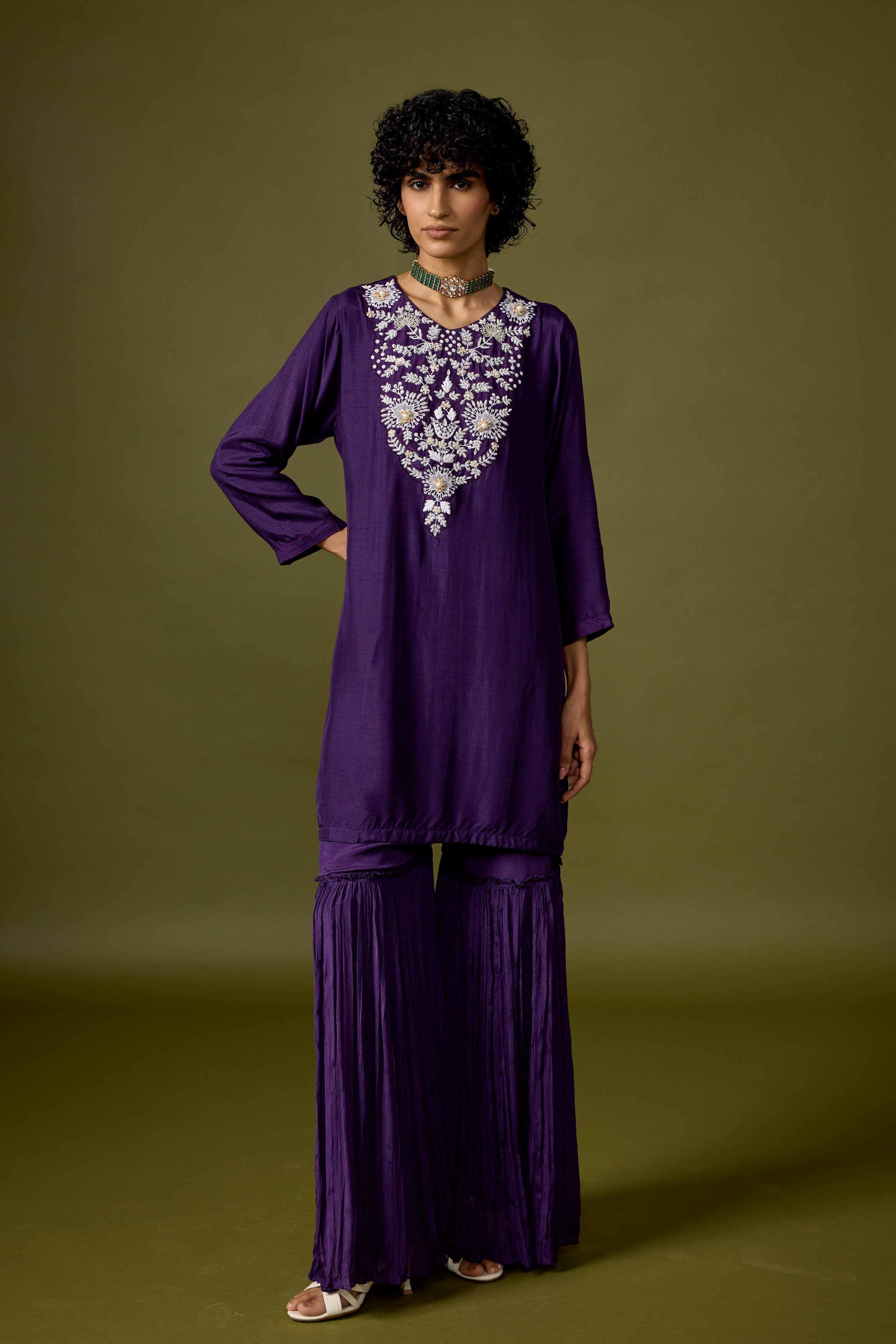 Deep Violet Embellished Chinon Silk Sharara Set