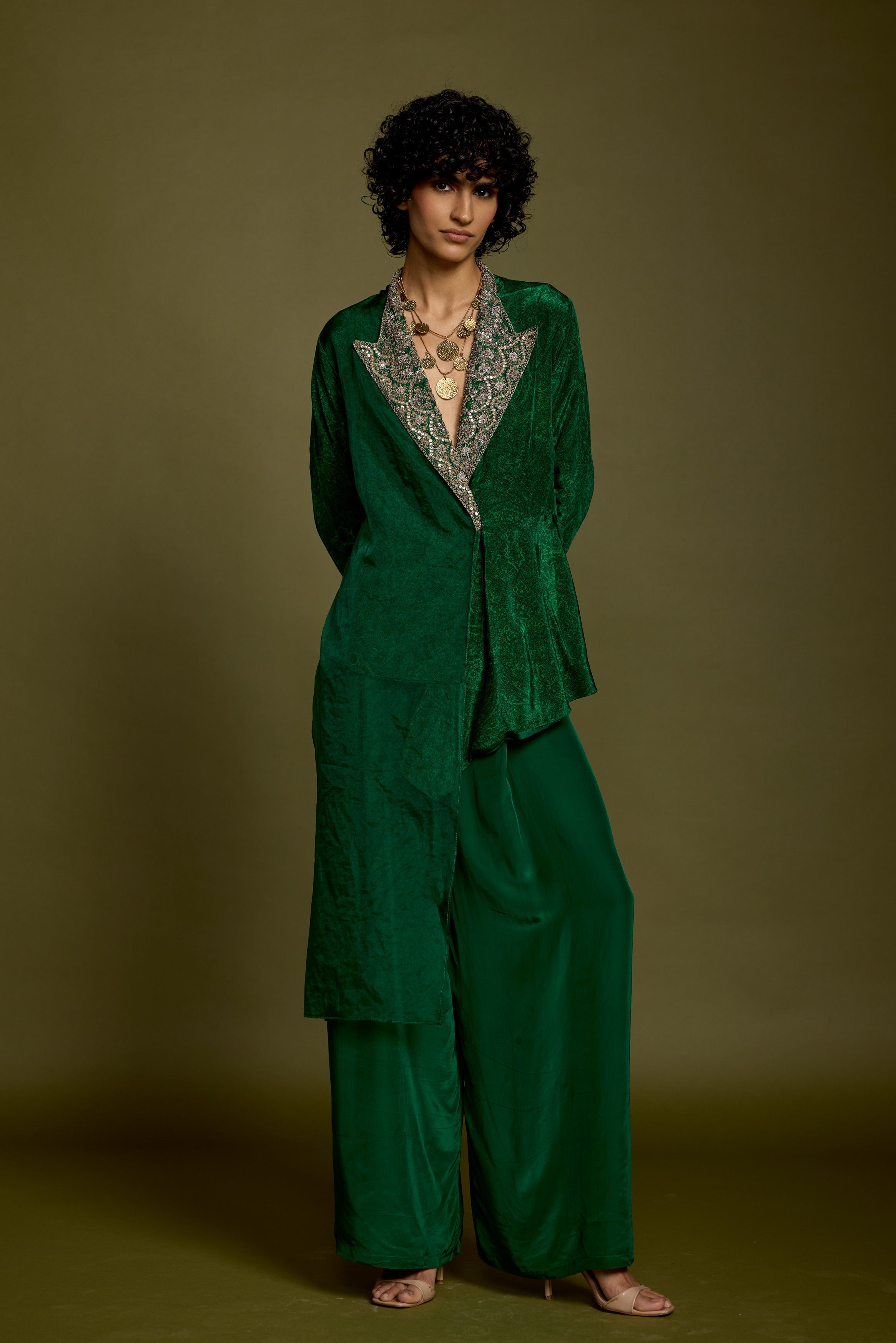 Emerald Green Embellished Satin Silk Co-Ord Set