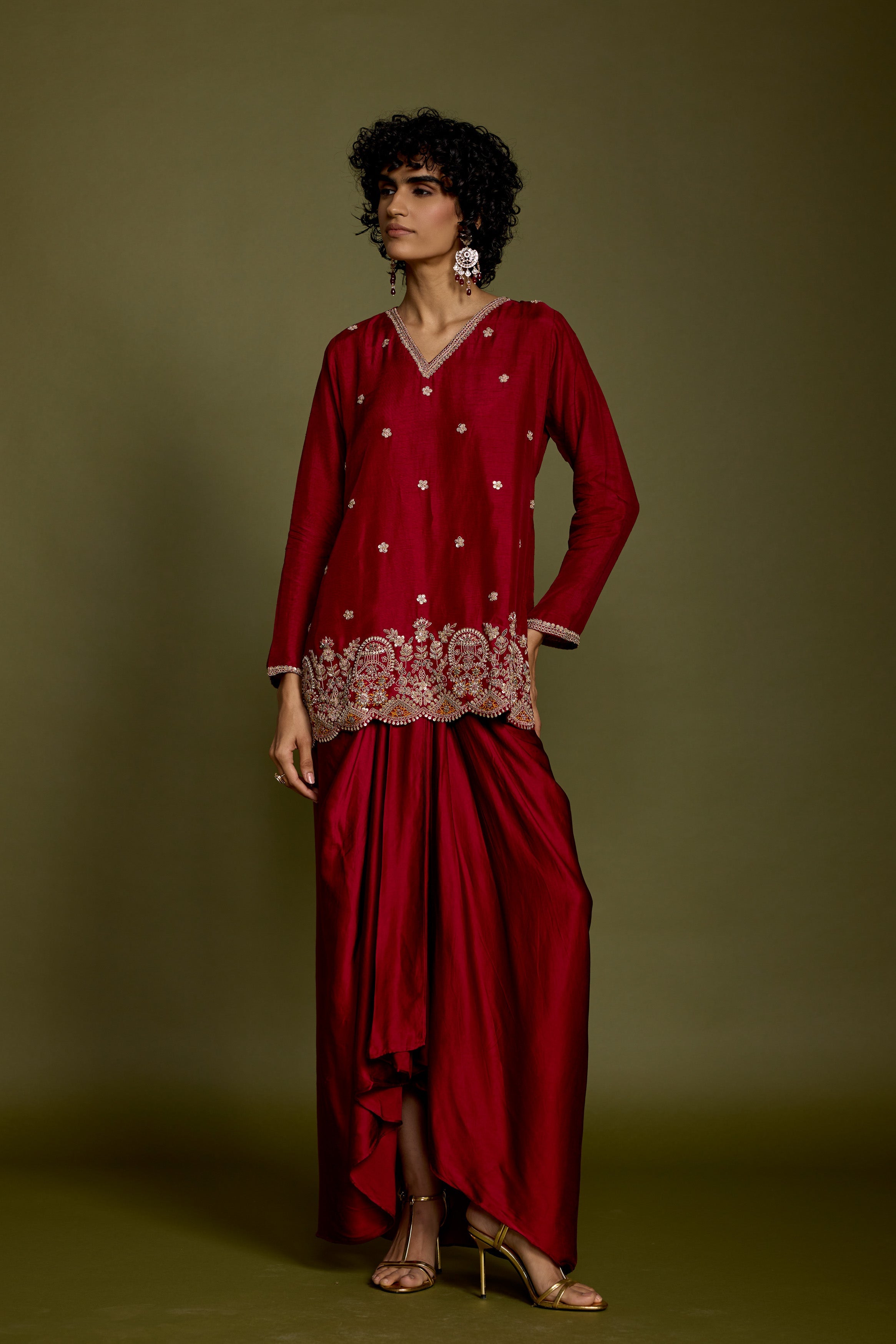 Maroon Red Embellished Georgette Silk Skirt Set