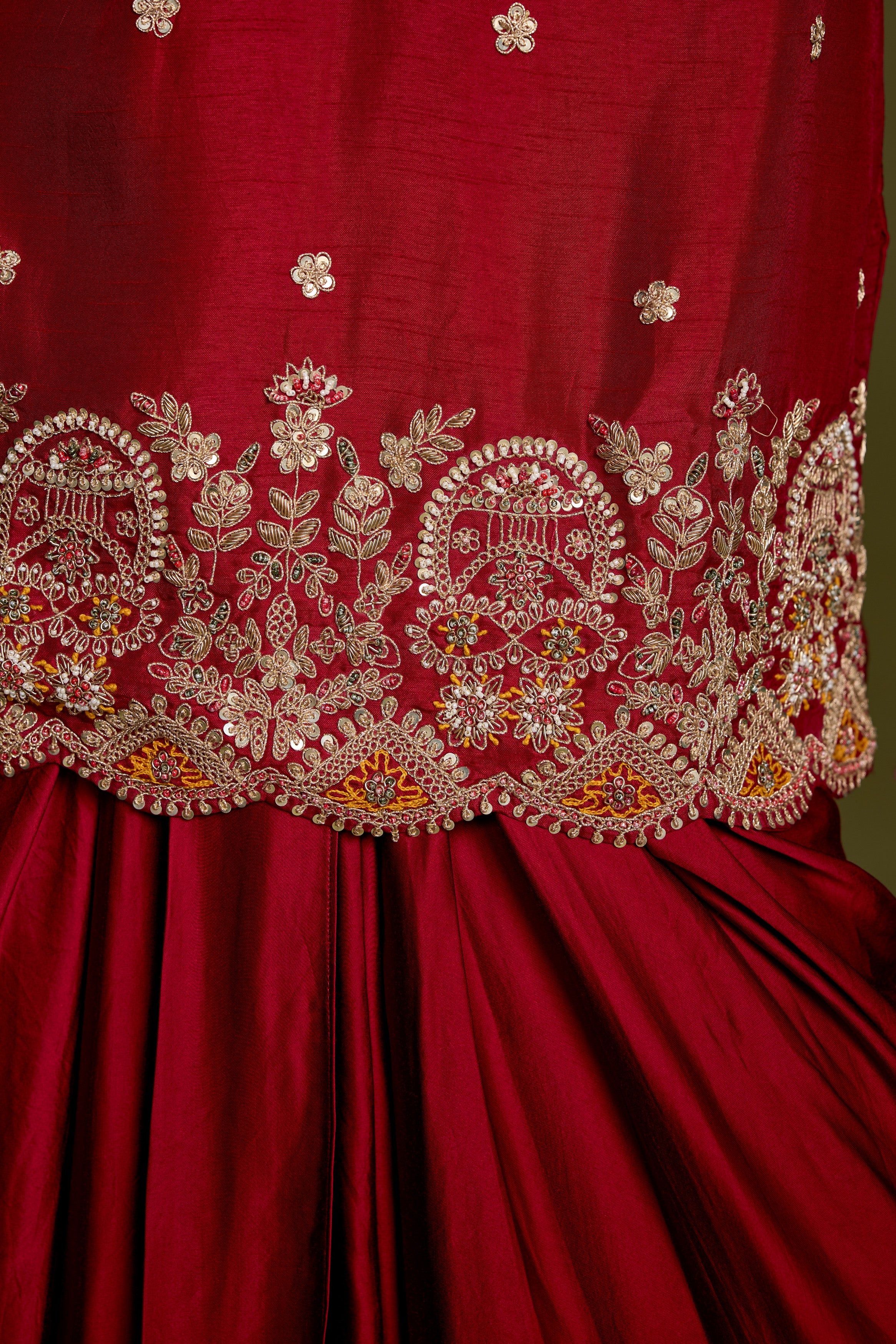 Maroon Red Embellished Georgette Silk Skirt Set