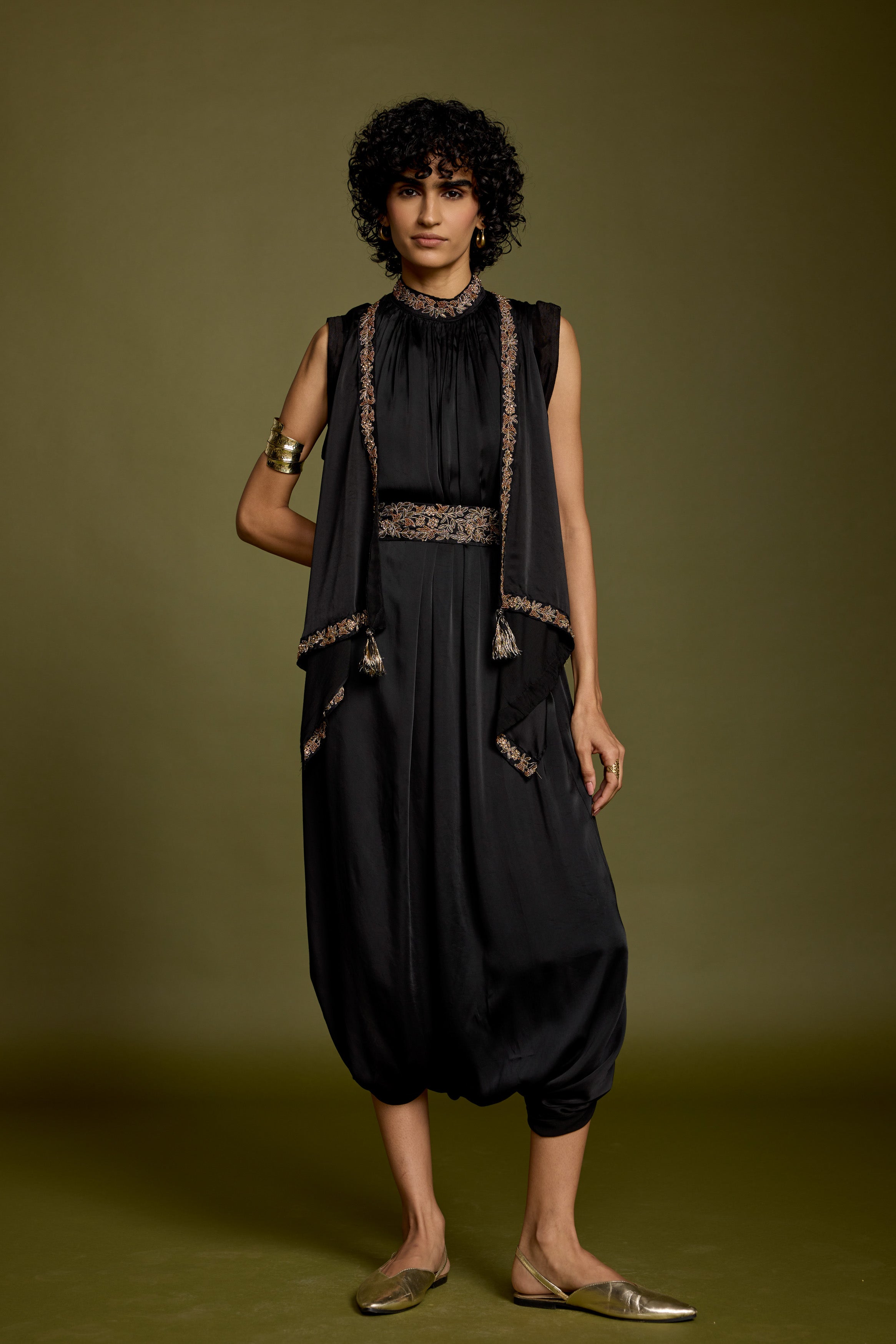 Hot Black Embellished Satin Silk Tunic Dress