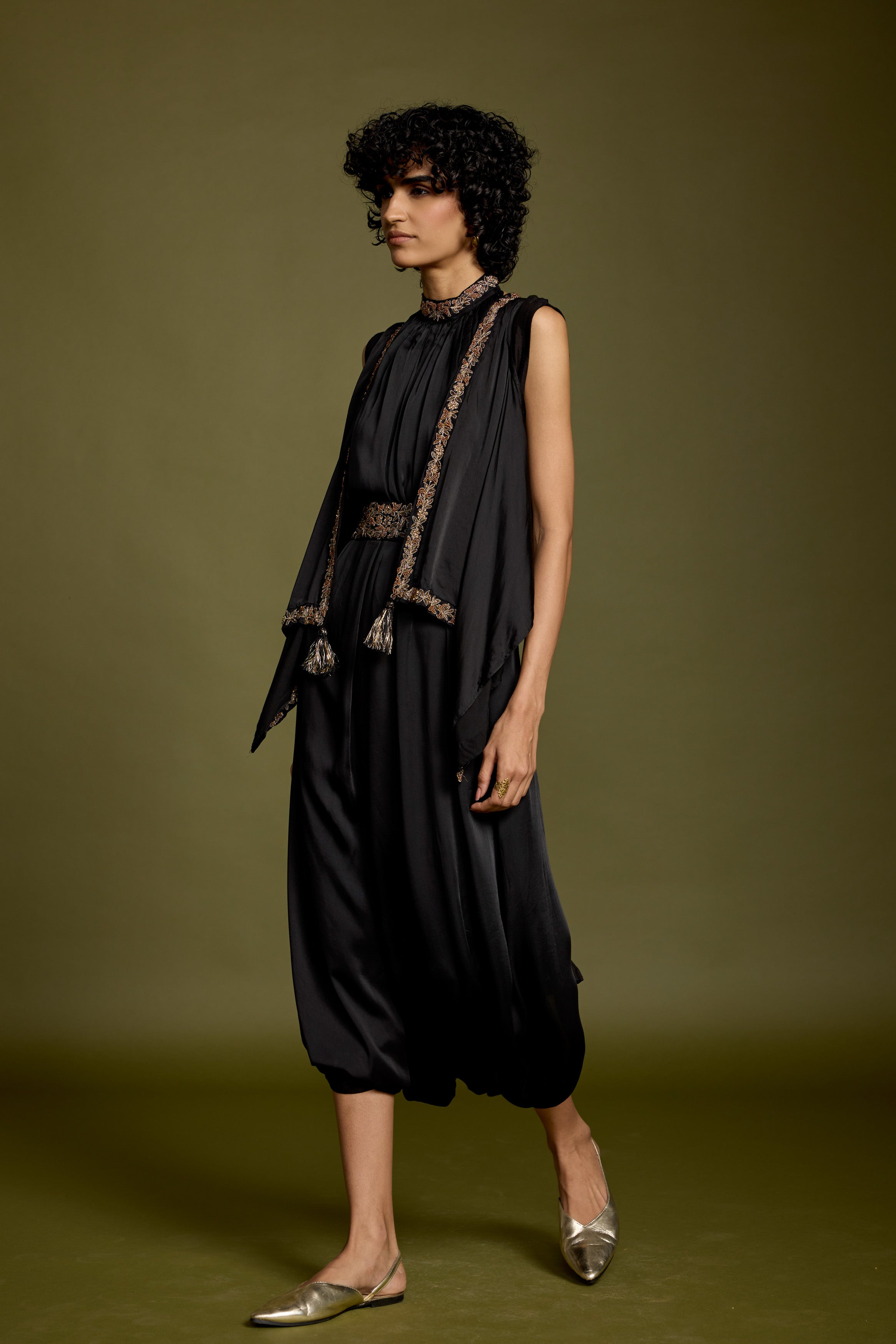 Hot Black Embellished Satin Silk Tunic Dress
