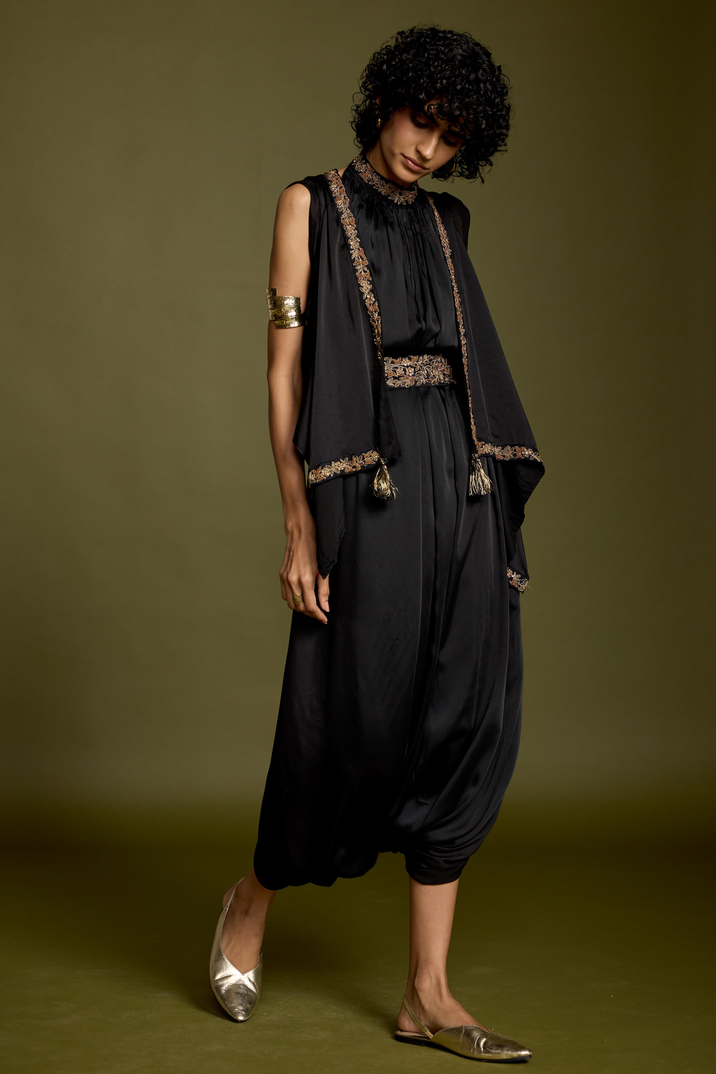 Hot Black Embellished Satin Silk Tunic Dress
