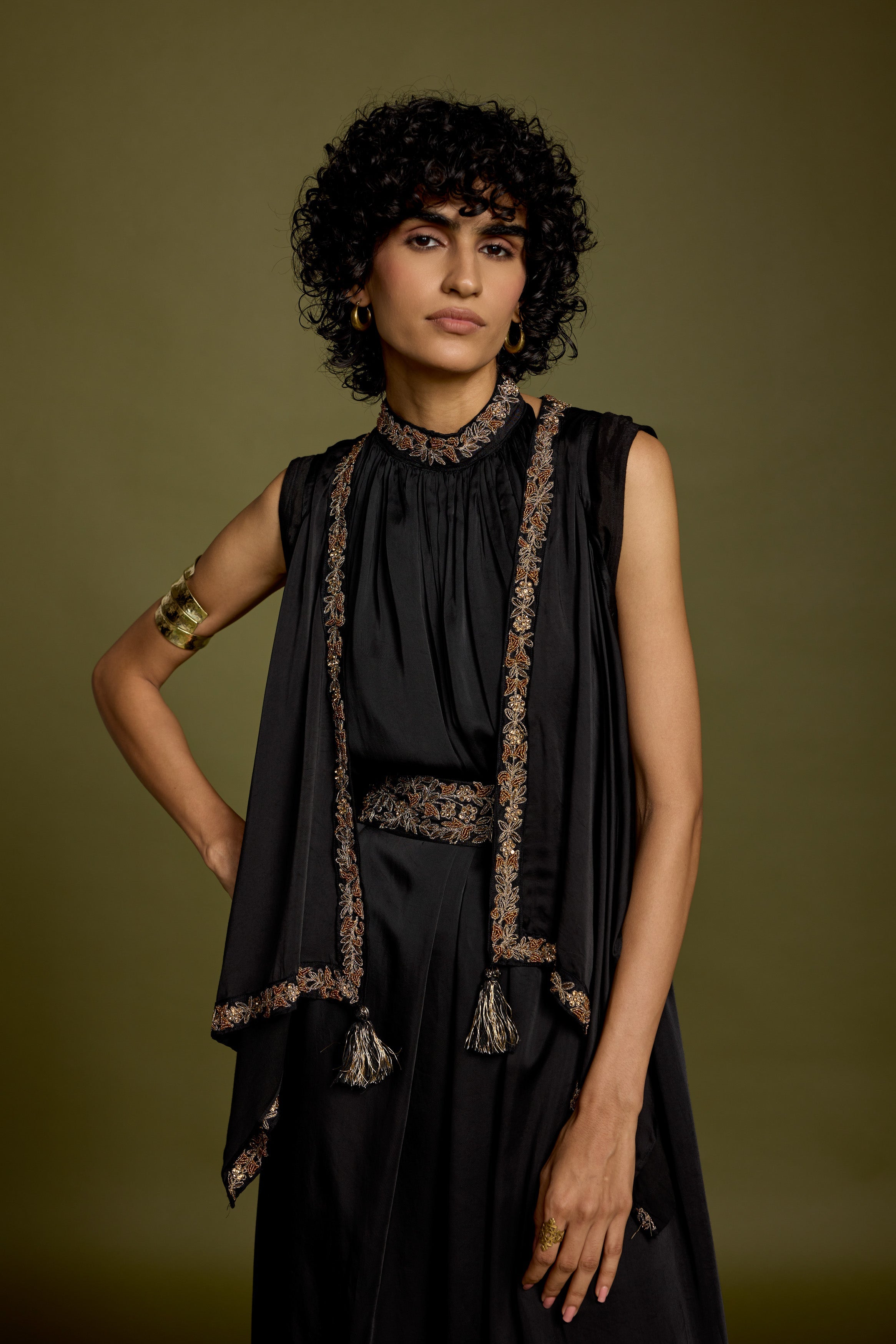 Hot Black Embellished Satin Silk Tunic Dress
