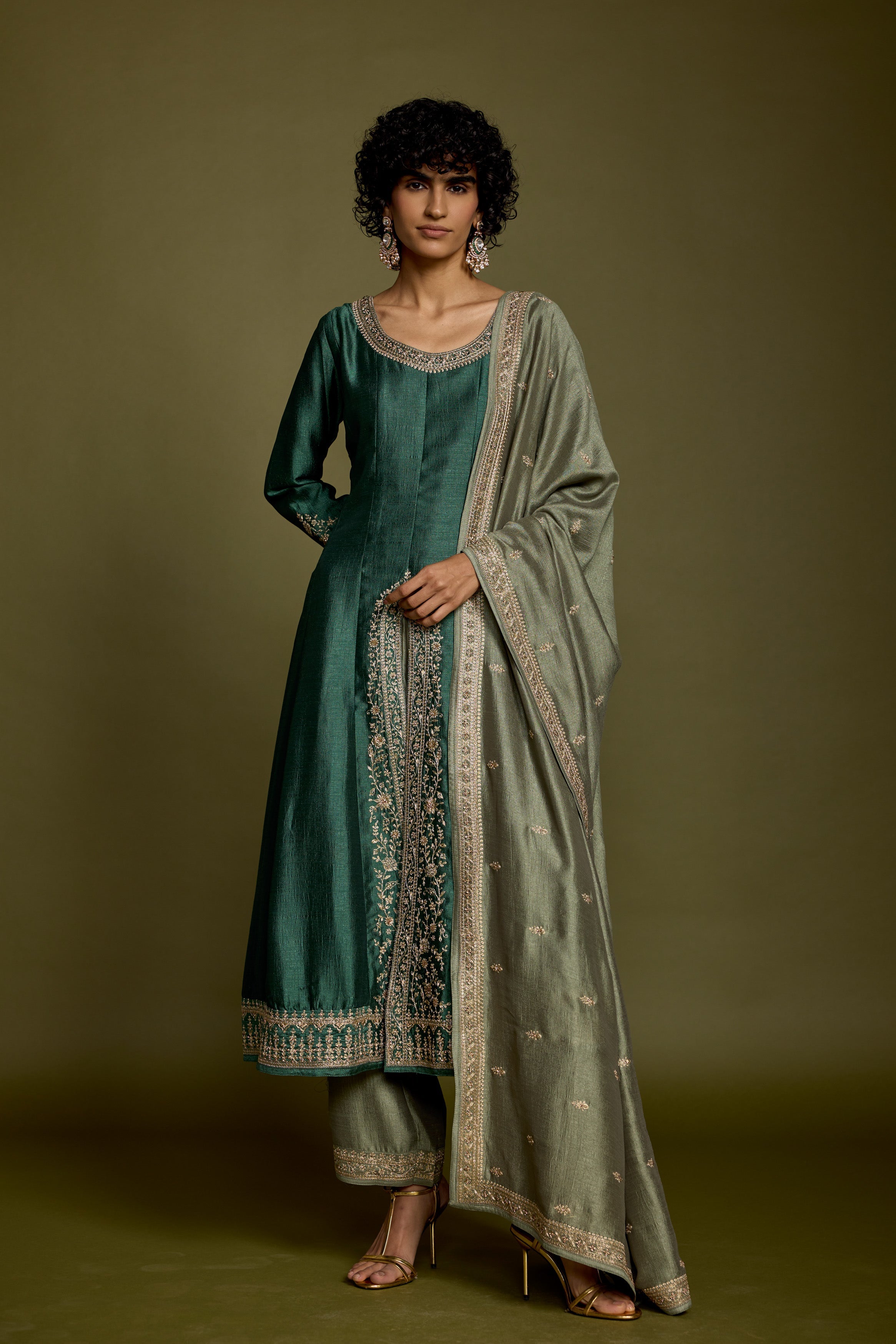Emerald Green Embellished Raw Silk Anarkali Set