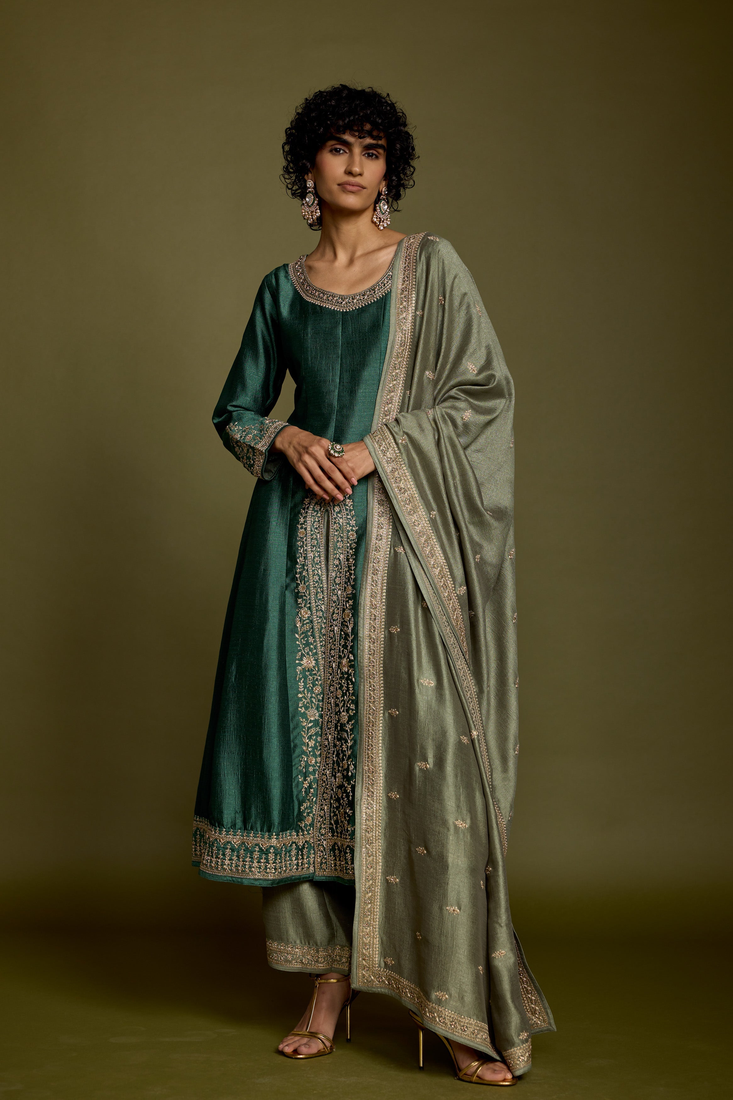 Emerald Green Embellished Raw Silk Anarkali Set