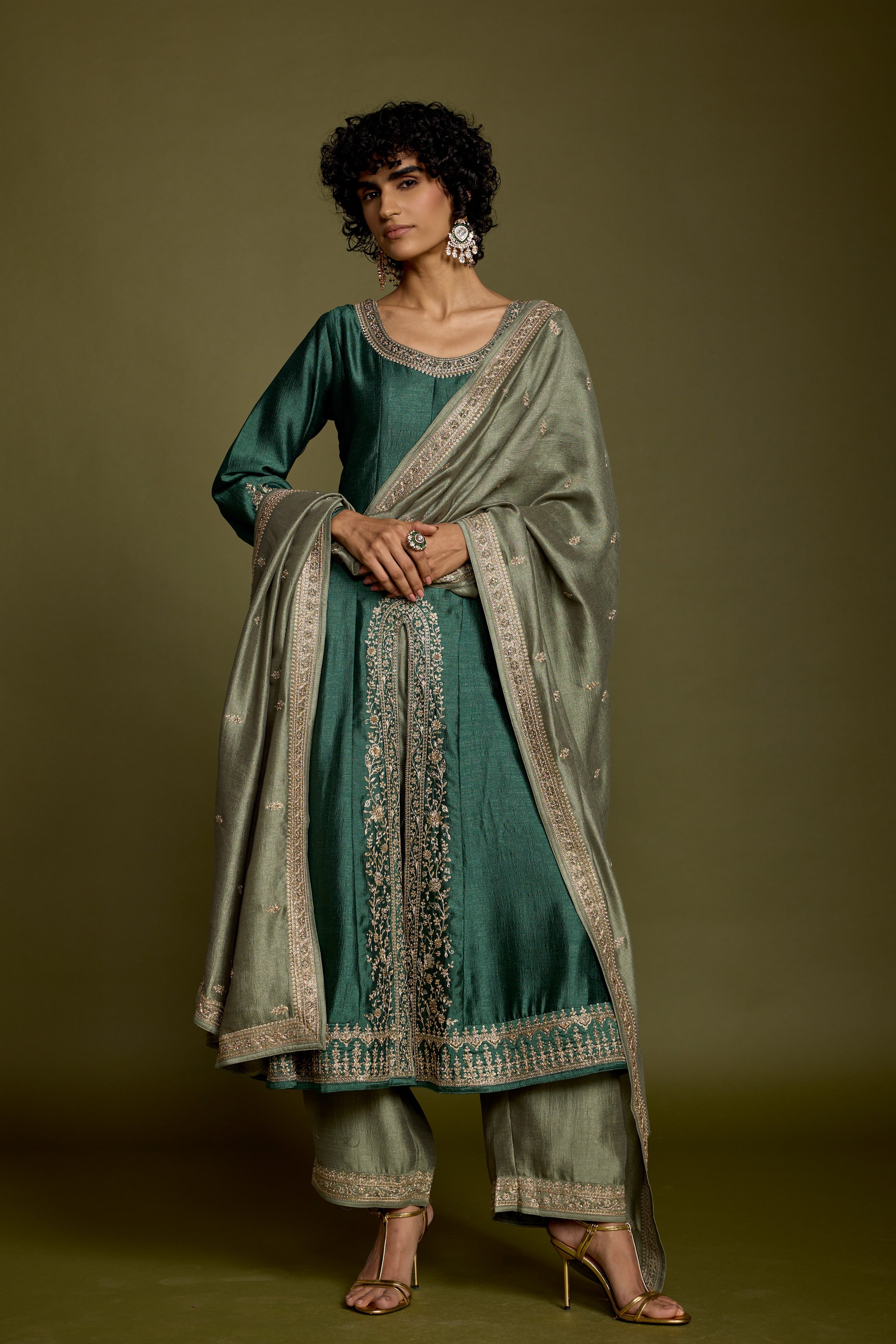 Emerald Green Embellished Raw Silk Anarkali Set