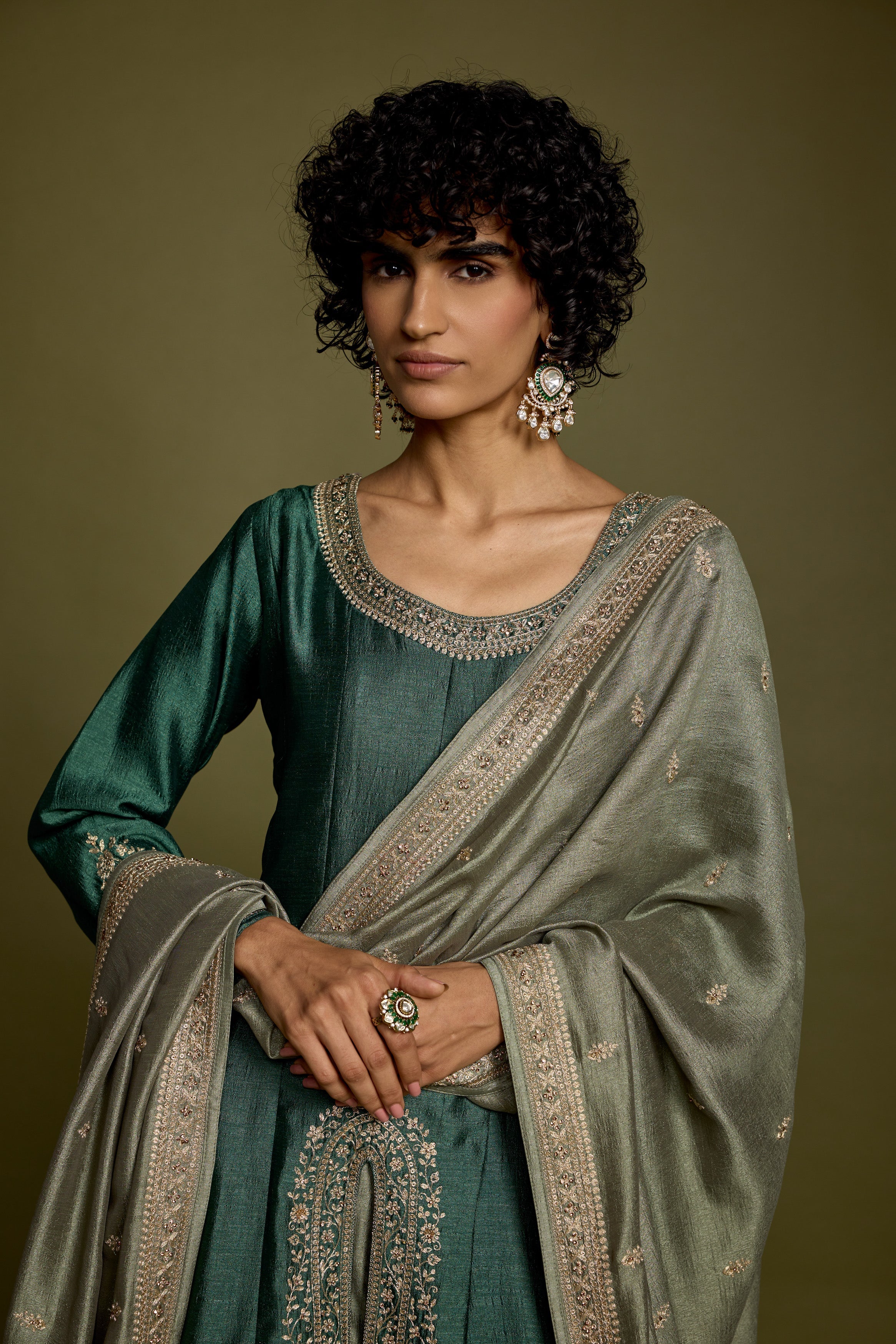 Emerald Green Embellished Raw Silk Anarkali Set