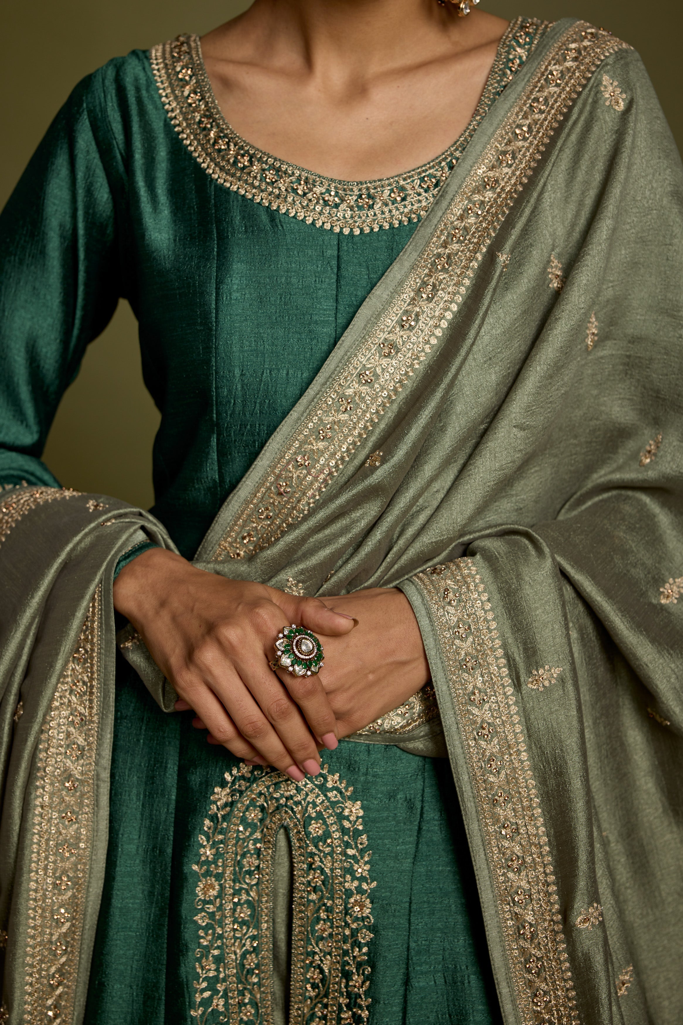 Emerald Green Embellished Raw Silk Anarkali Set