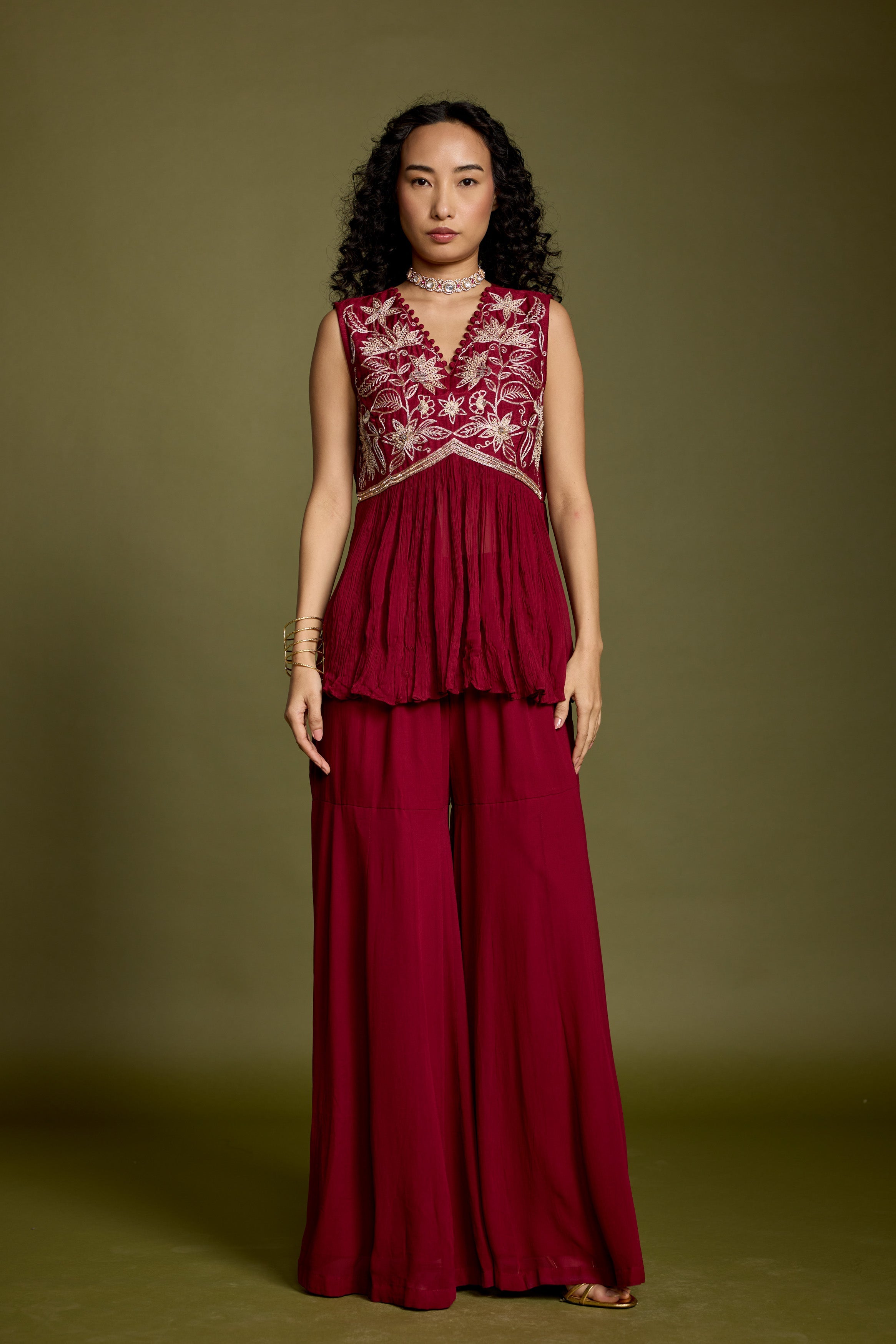 Maroon Red Embellished Georgette Silk Co-Ord Set