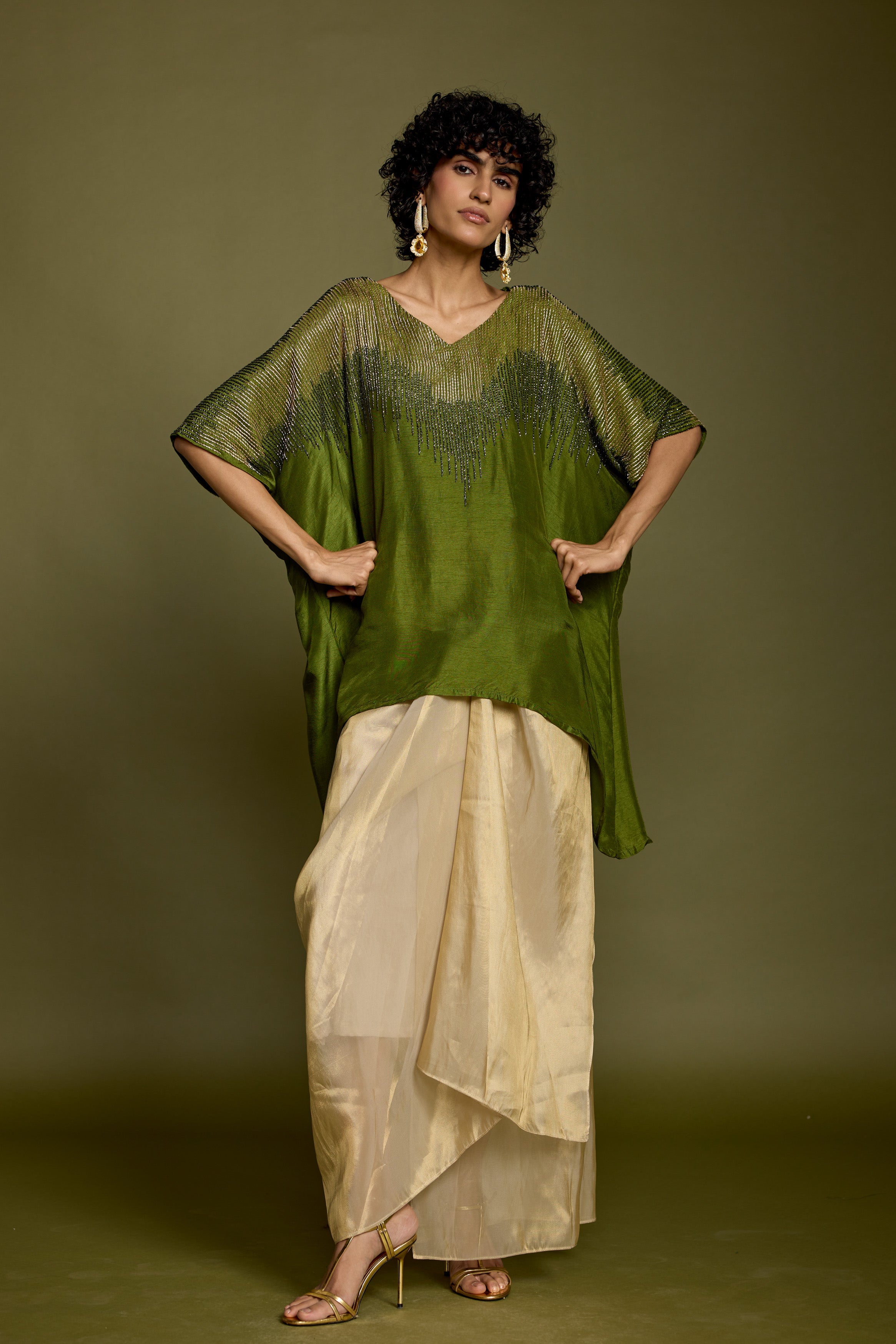 Olive Greeen Embellished Raw Silk Skirt Set