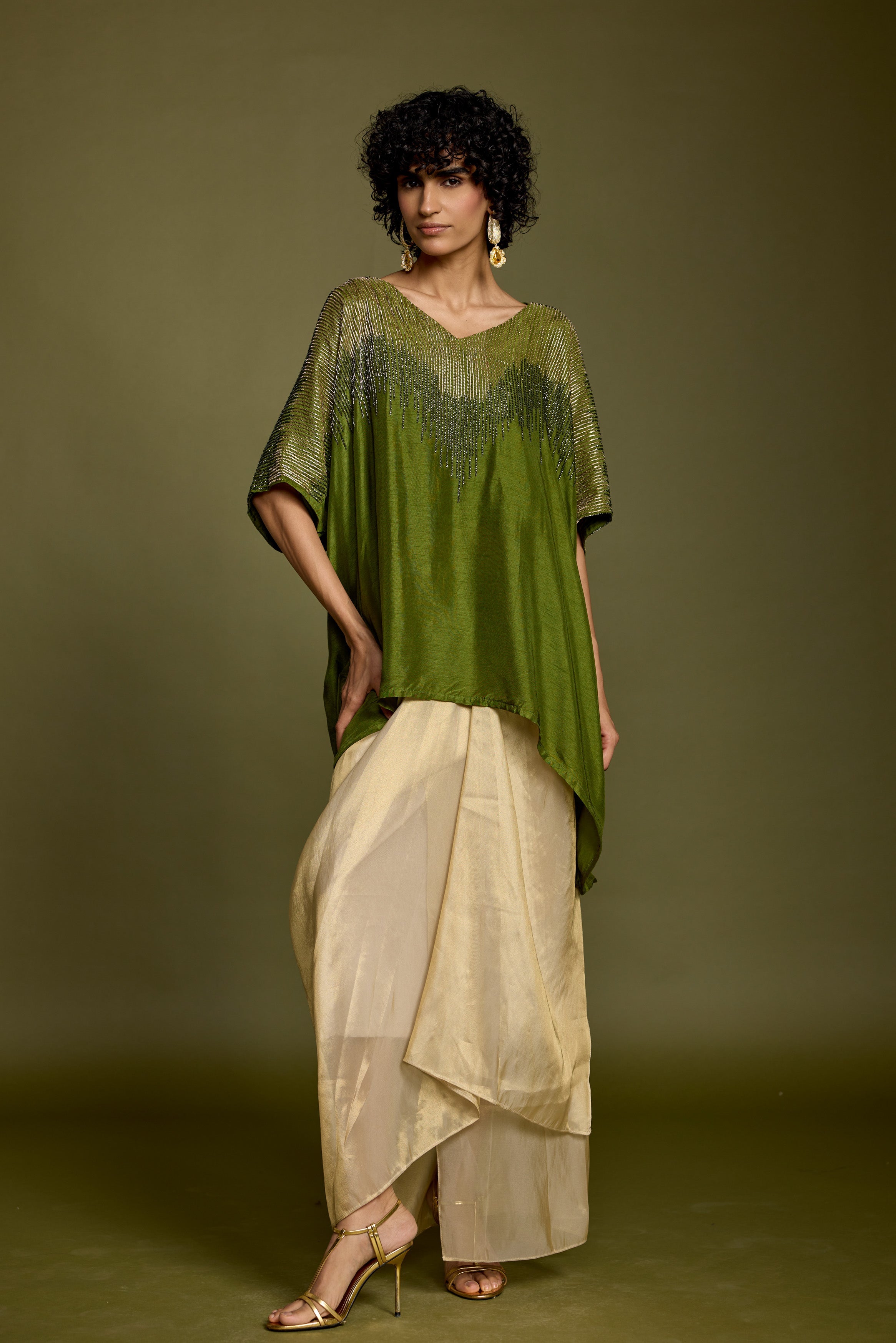 Olive Greeen Embellished Raw Silk Skirt Set