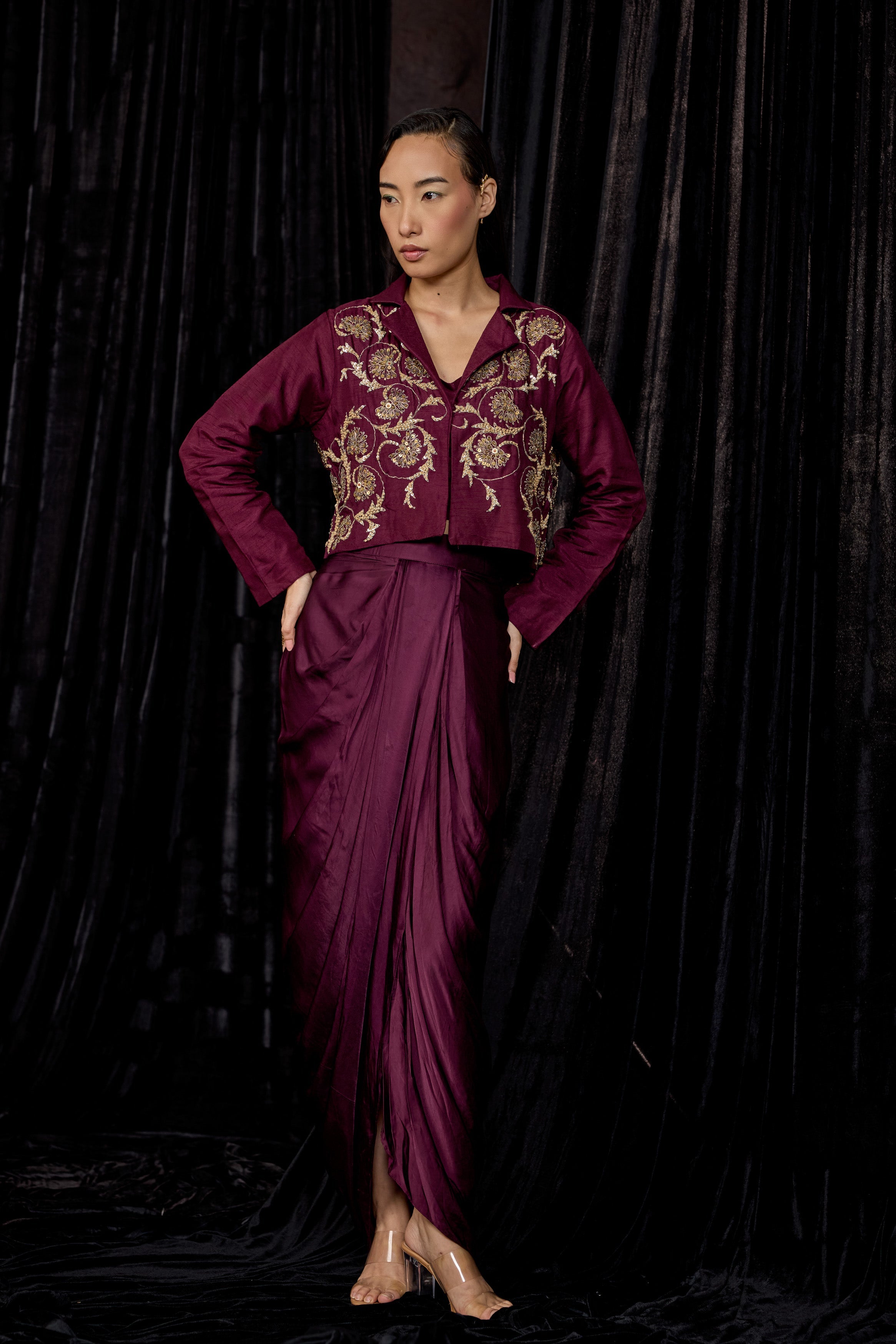 Wine Embellished Raw Silk Skirt Set
