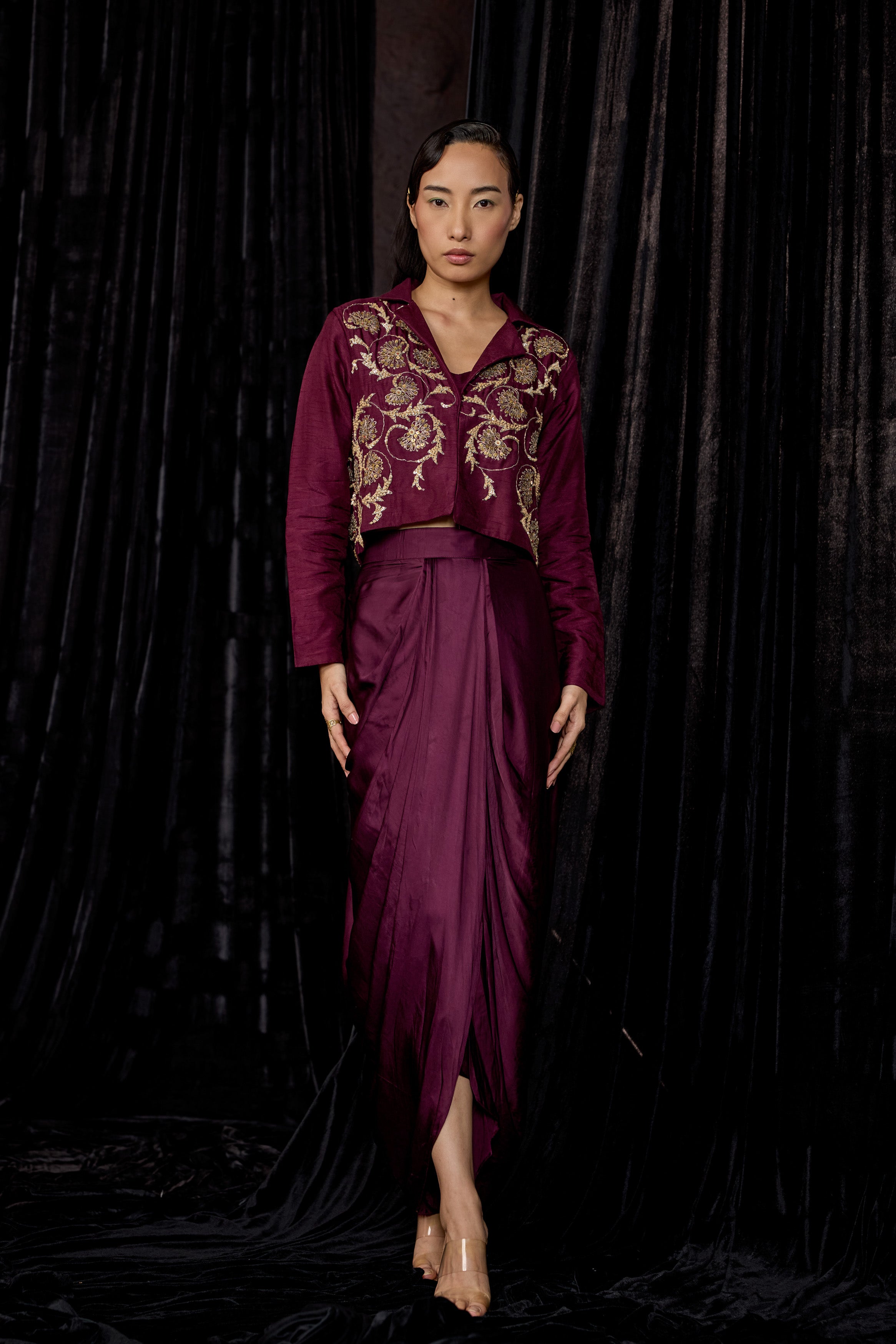 Wine Embellished Raw Silk Skirt Set