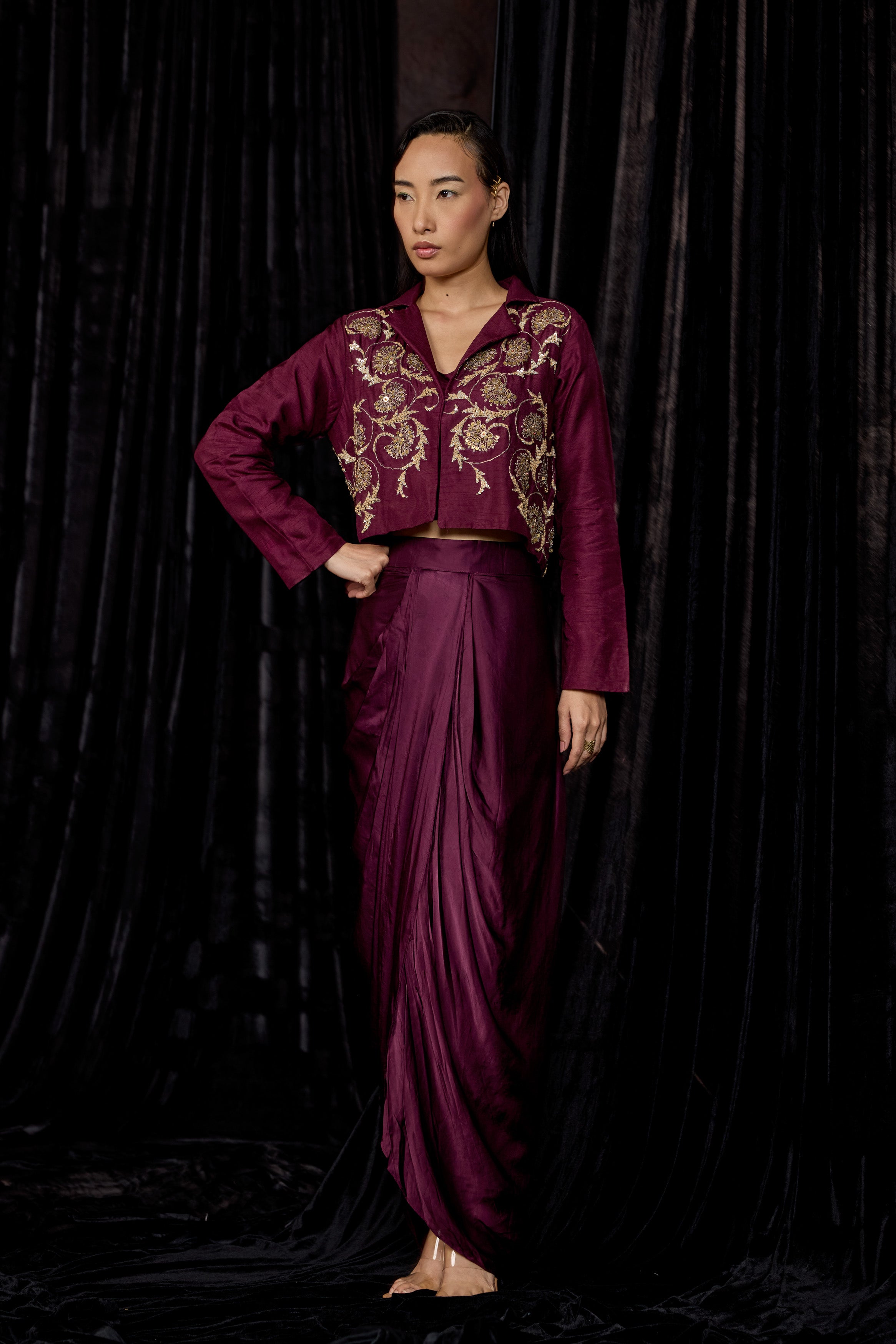 Wine Embellished Raw Silk Skirt Set