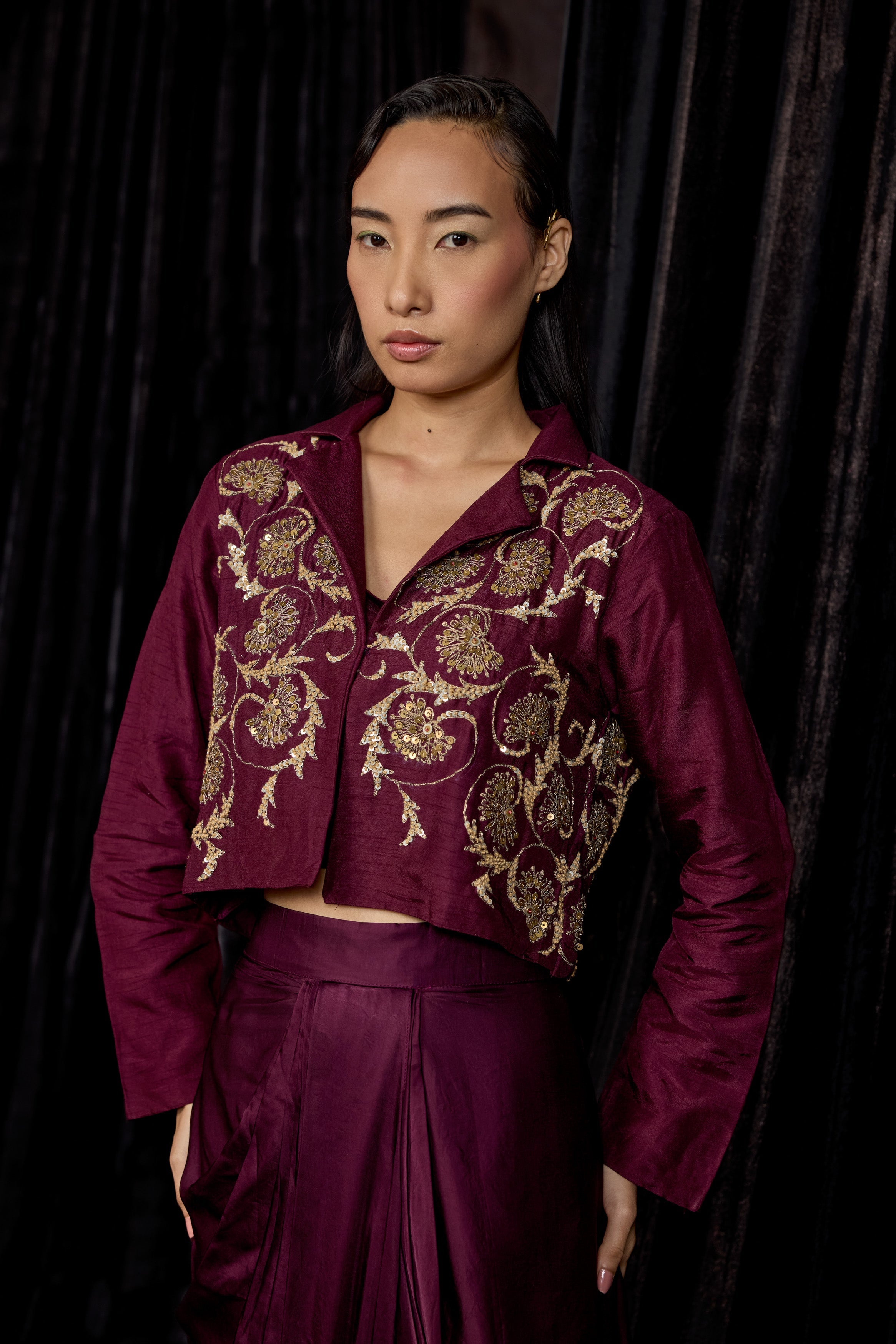 Wine Embellished Raw Silk Skirt Set