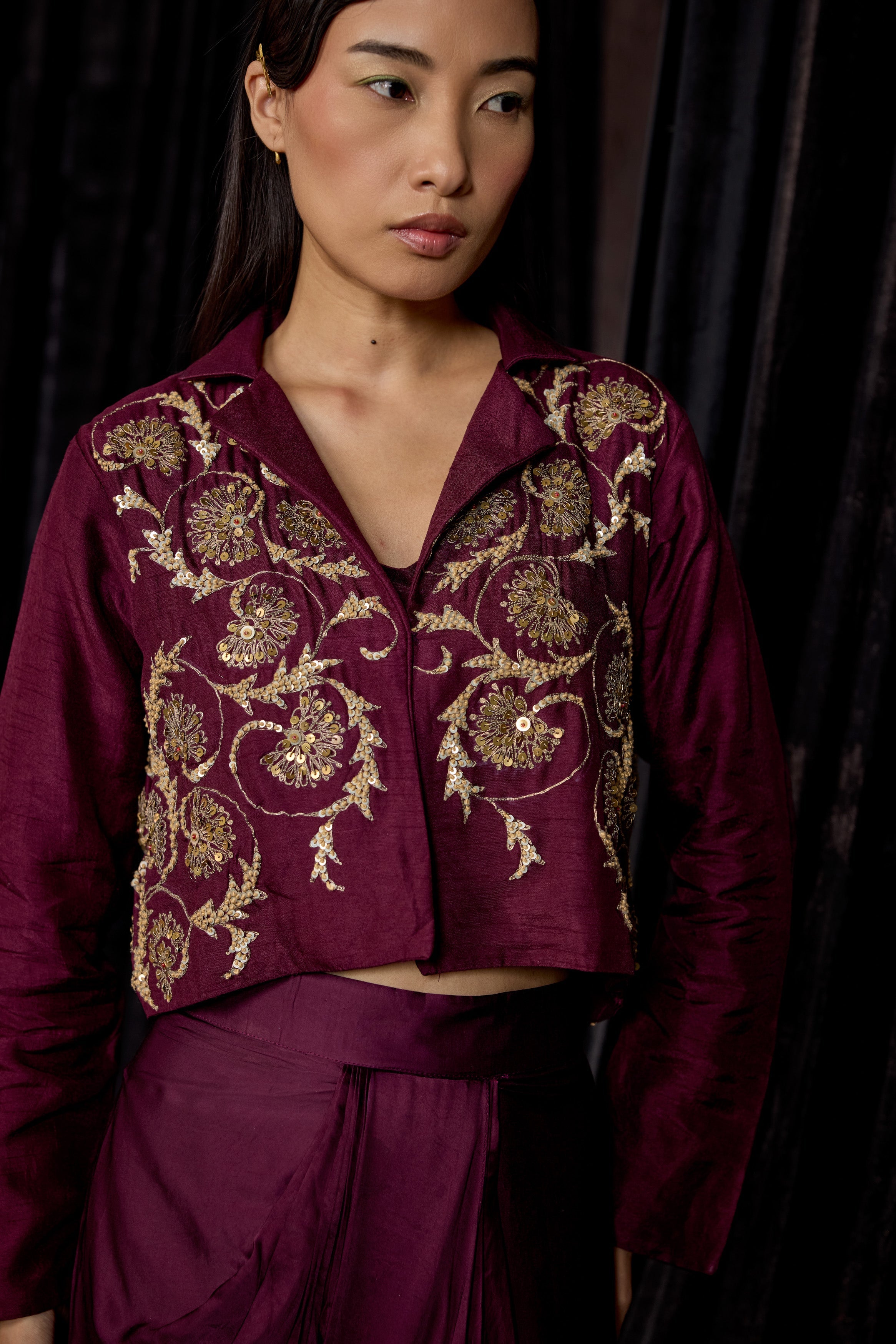 Wine Embellished Raw Silk Skirt Set